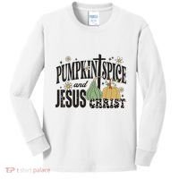 Pumpkin Spice And Jesus Christ Fun Fall Christian Cross Faith Kids Long Sleeve Shirt thumb 0