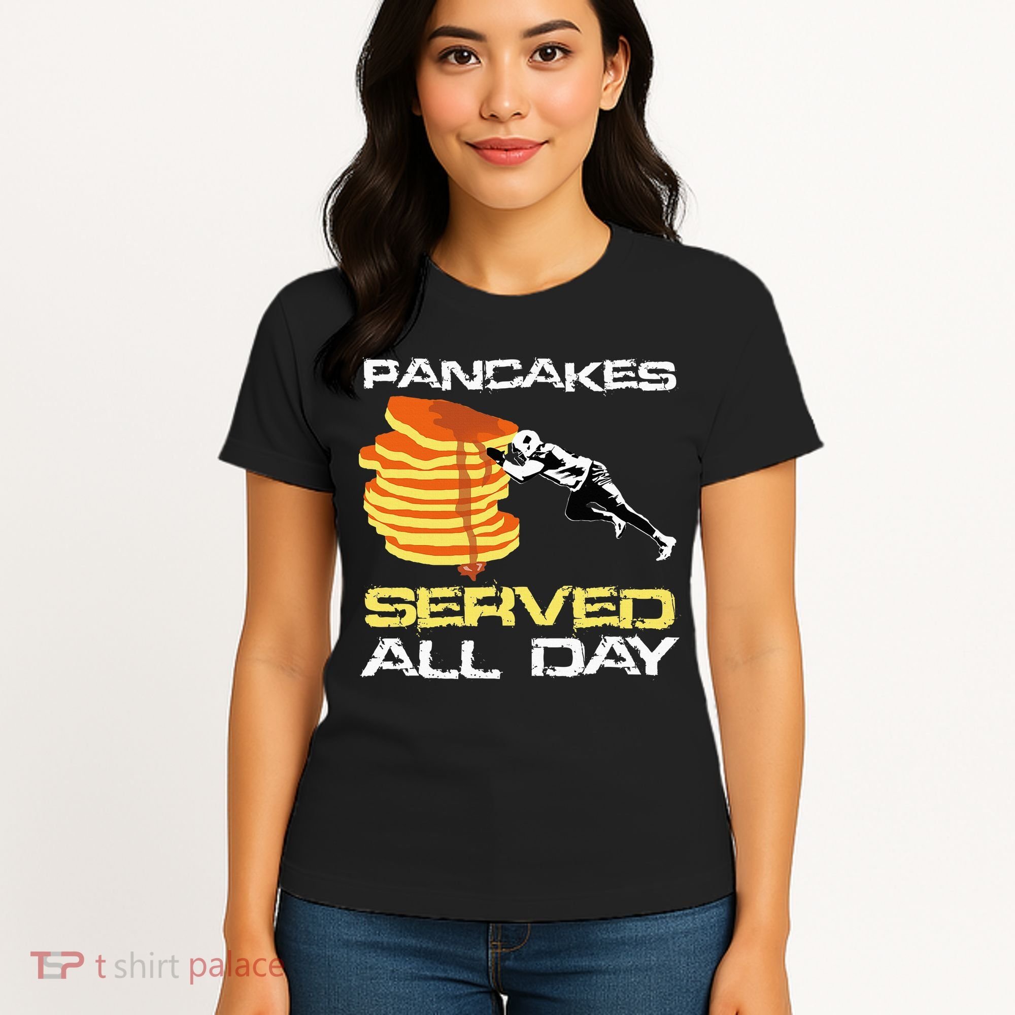 Pancakes Served All Day Fun Lineman Football Christmas Gifts Women's T-Shirt