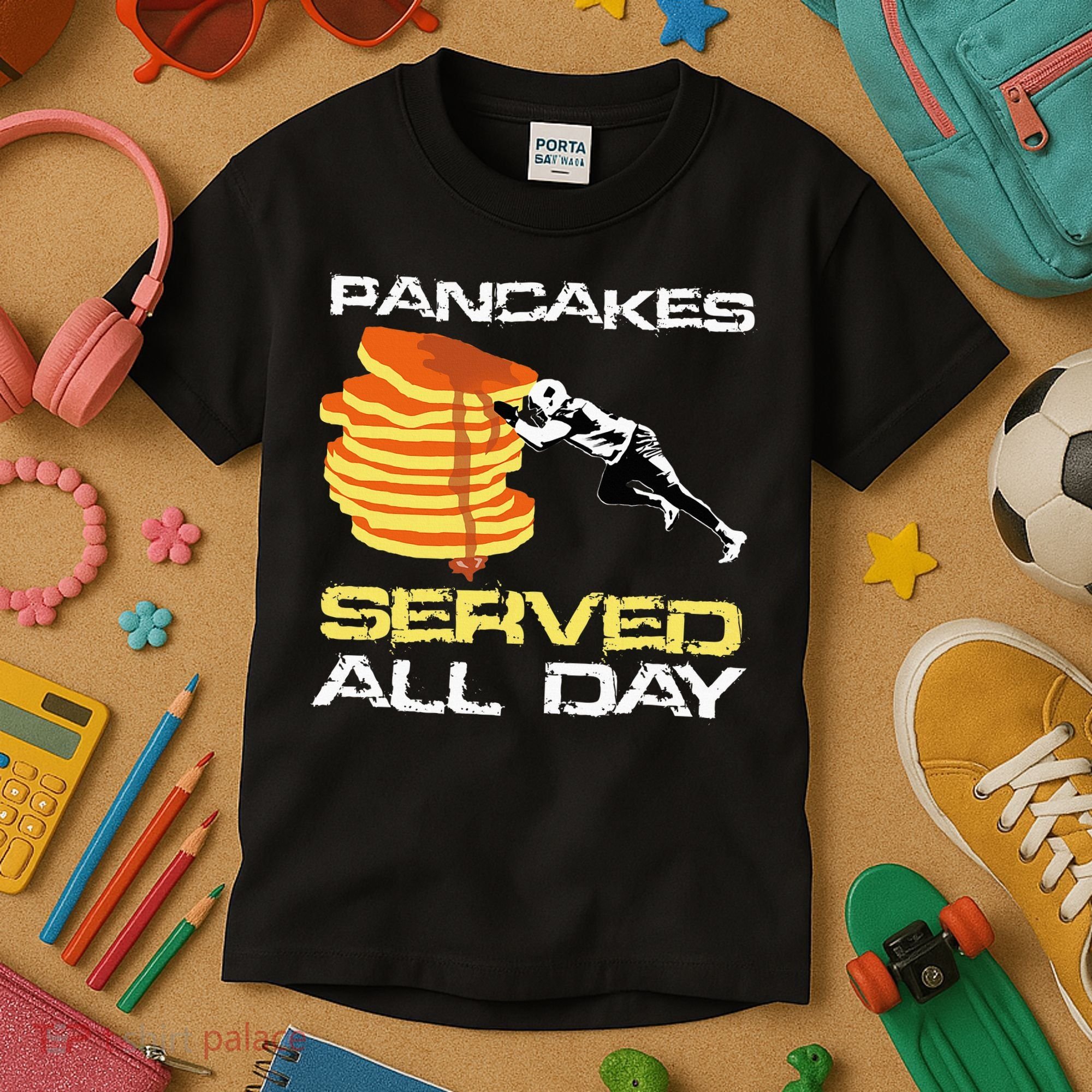 Pancakes Served All Day Fun Lineman Football Christmas Gifts Kids T-Shirt