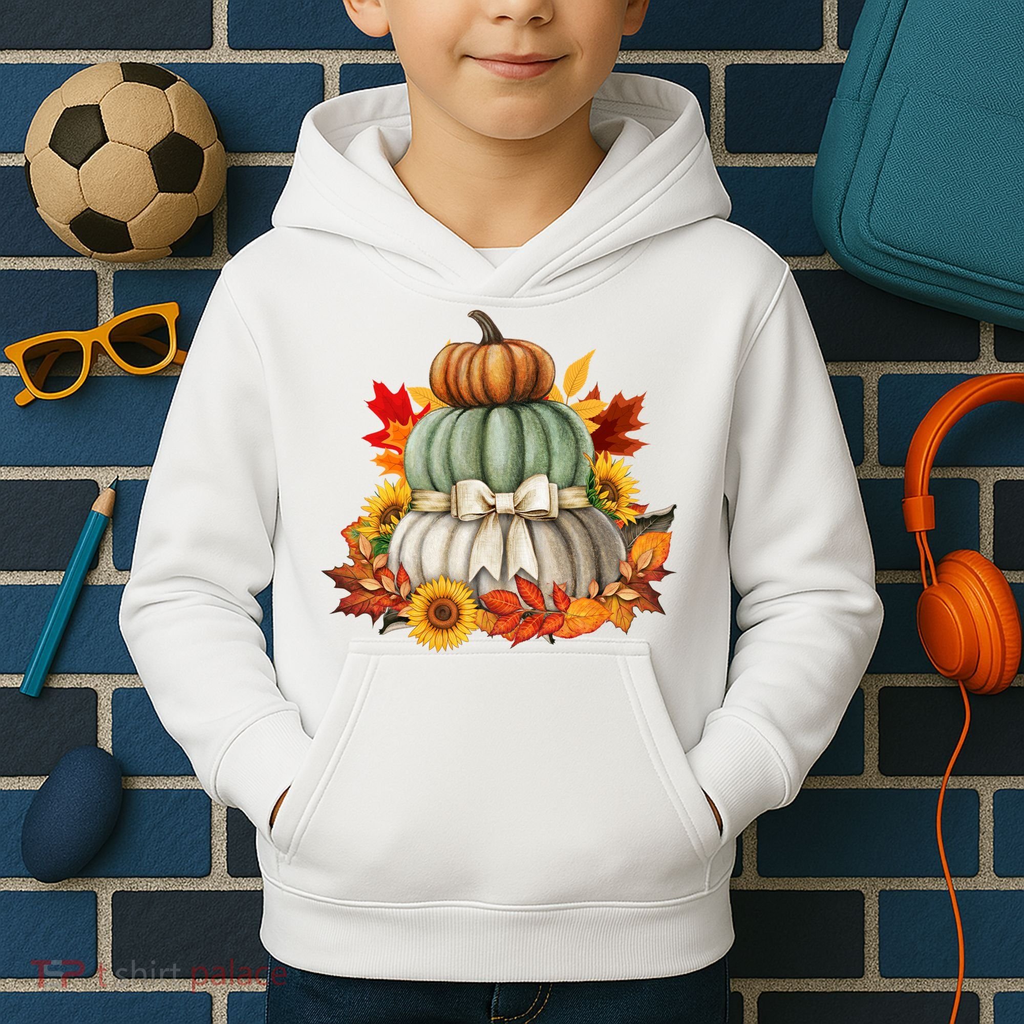 Pumpkin Sunflower Autumn Leaves Kids Hoodie