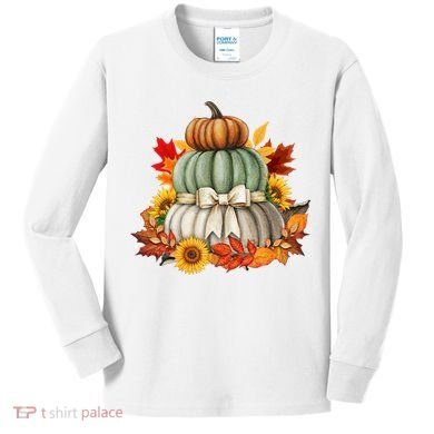 Pumpkin Sunflower Autumn Leaves Kids Long Sleeve Shirt