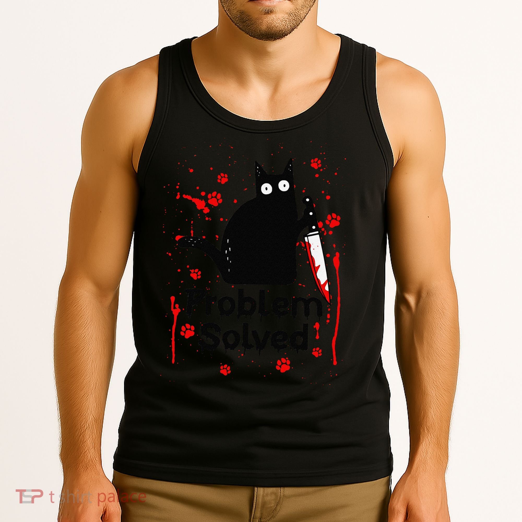 Problem Solved Bloody Funny Black Cat With Knife Cat Lovers Tank Top