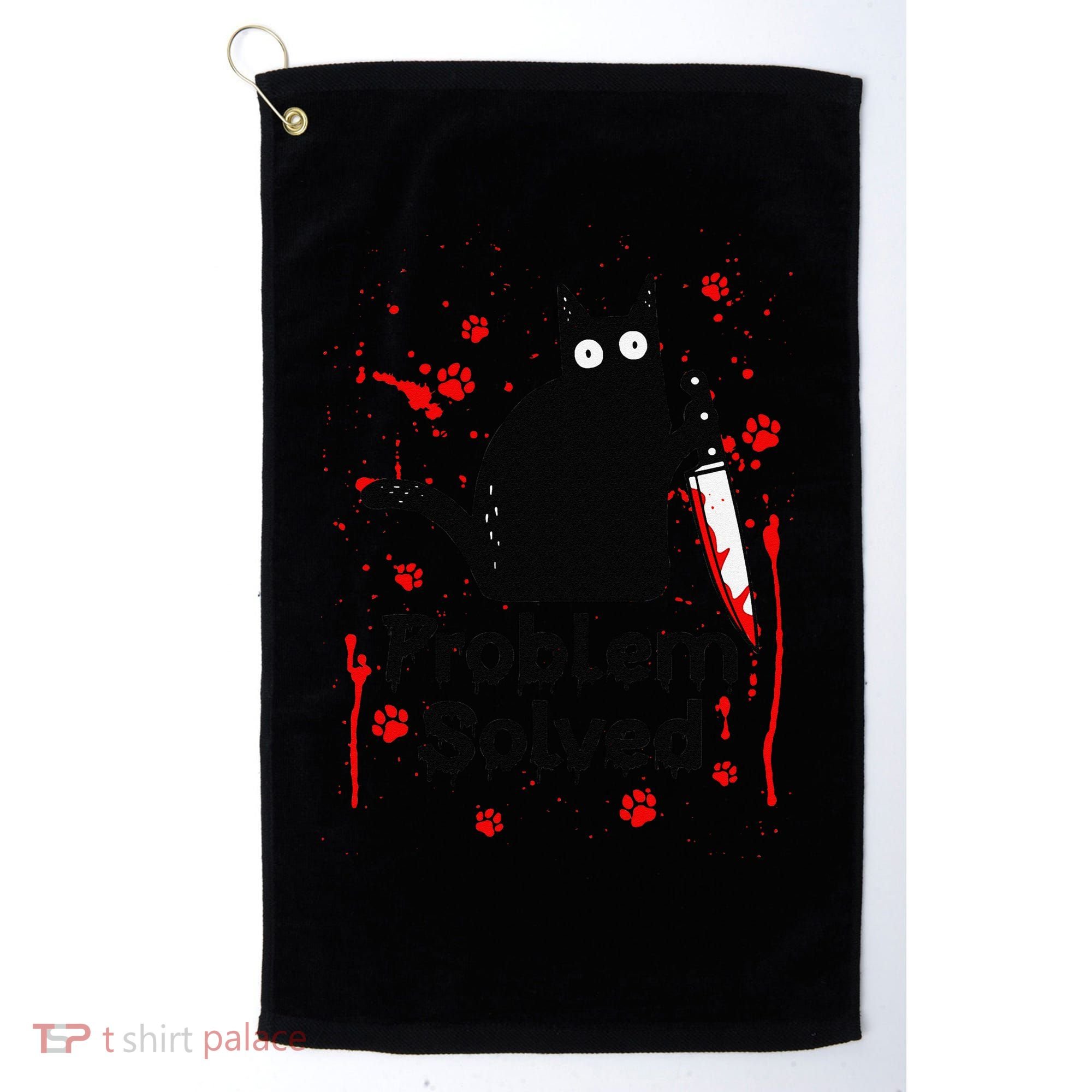 Problem Solved Bloody Funny Black Cat With Knife Cat Lovers Golf Towel