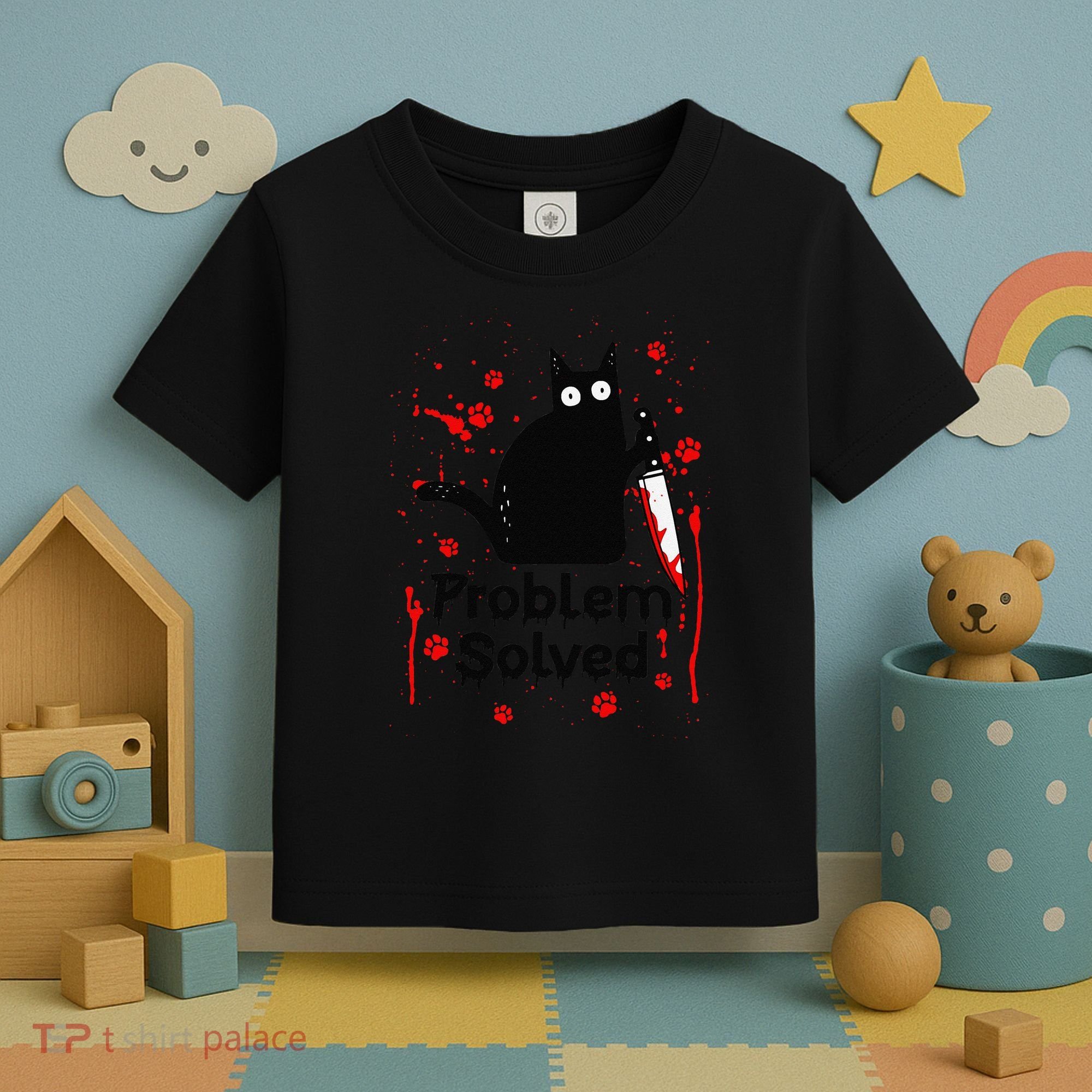 Problem Solved Bloody Funny Black Cat With Knife Cat Lovers Toddler T-Shirt