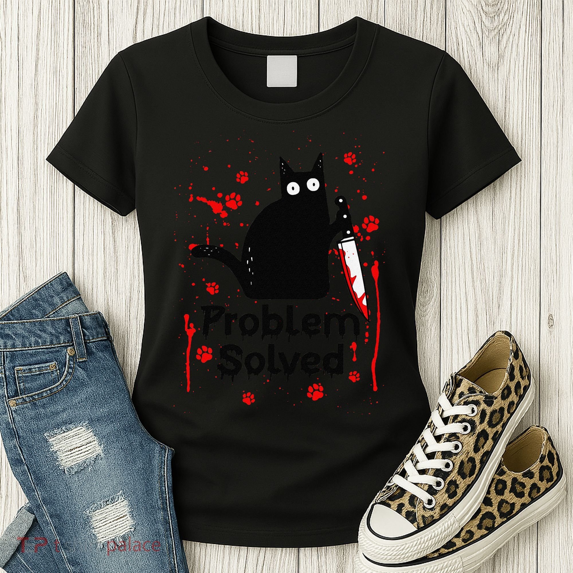 Problem Solved Bloody Funny Black Cat With Knife Cat Lovers Women's T-Shirt
