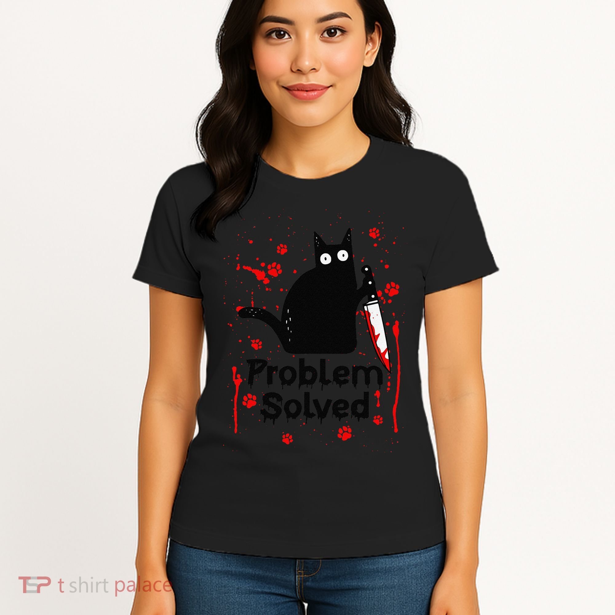 Problem Solved Bloody Funny Black Cat With Knife Cat Lovers Women's T-Shirt