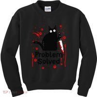 Problem Solved Bloody Funny Black Cat With Knife Cat Lovers Kids Sweatshirt thumb 0