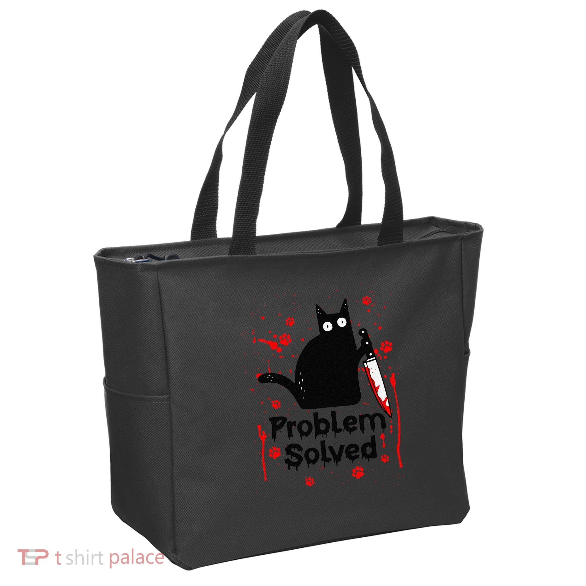 Problem Solved Bloody Funny Black Cat With Knife Cat Lovers Tote Bag