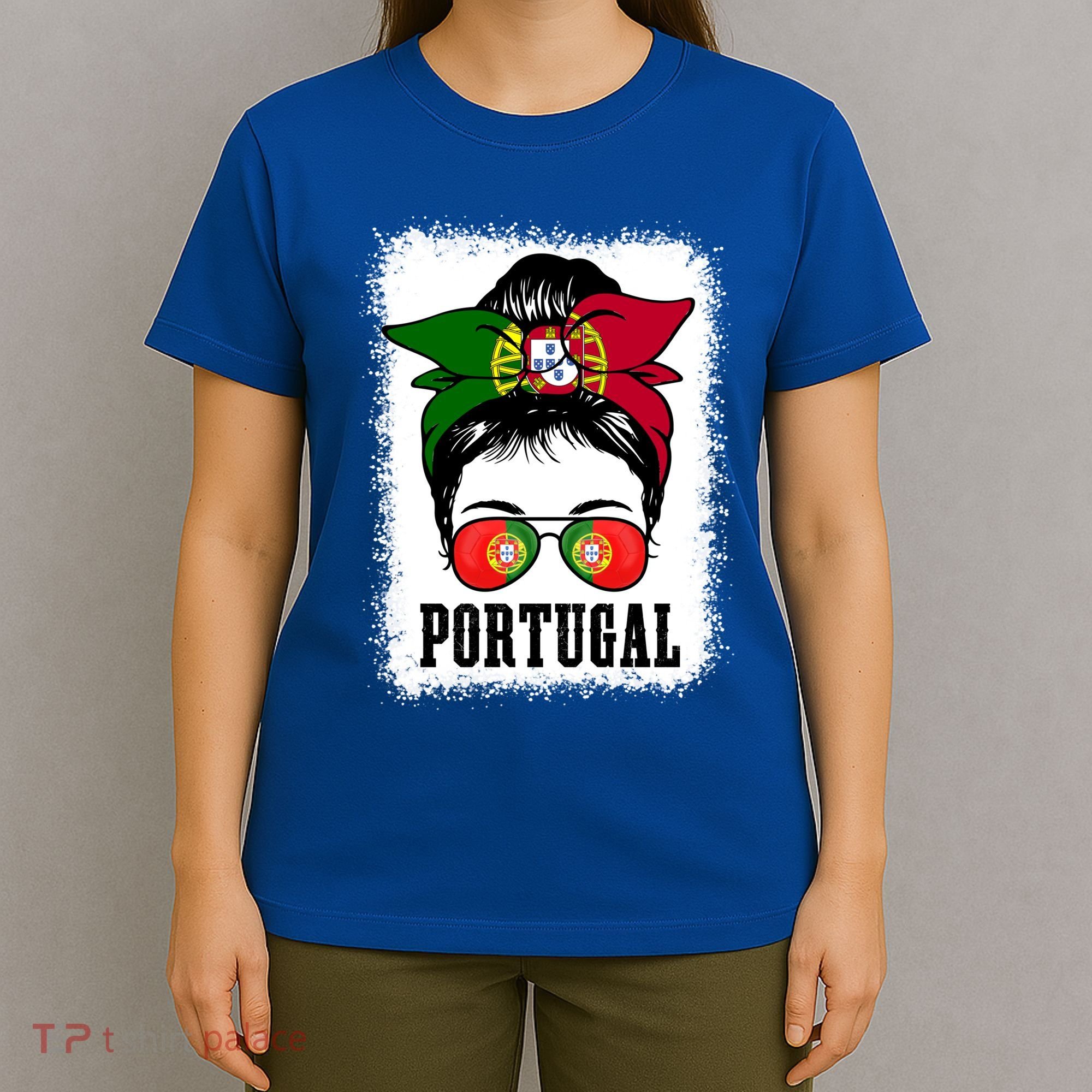 Portugal Soccer Ball Messy Bun Mom Portugese Flag Football Gift T-Shirt