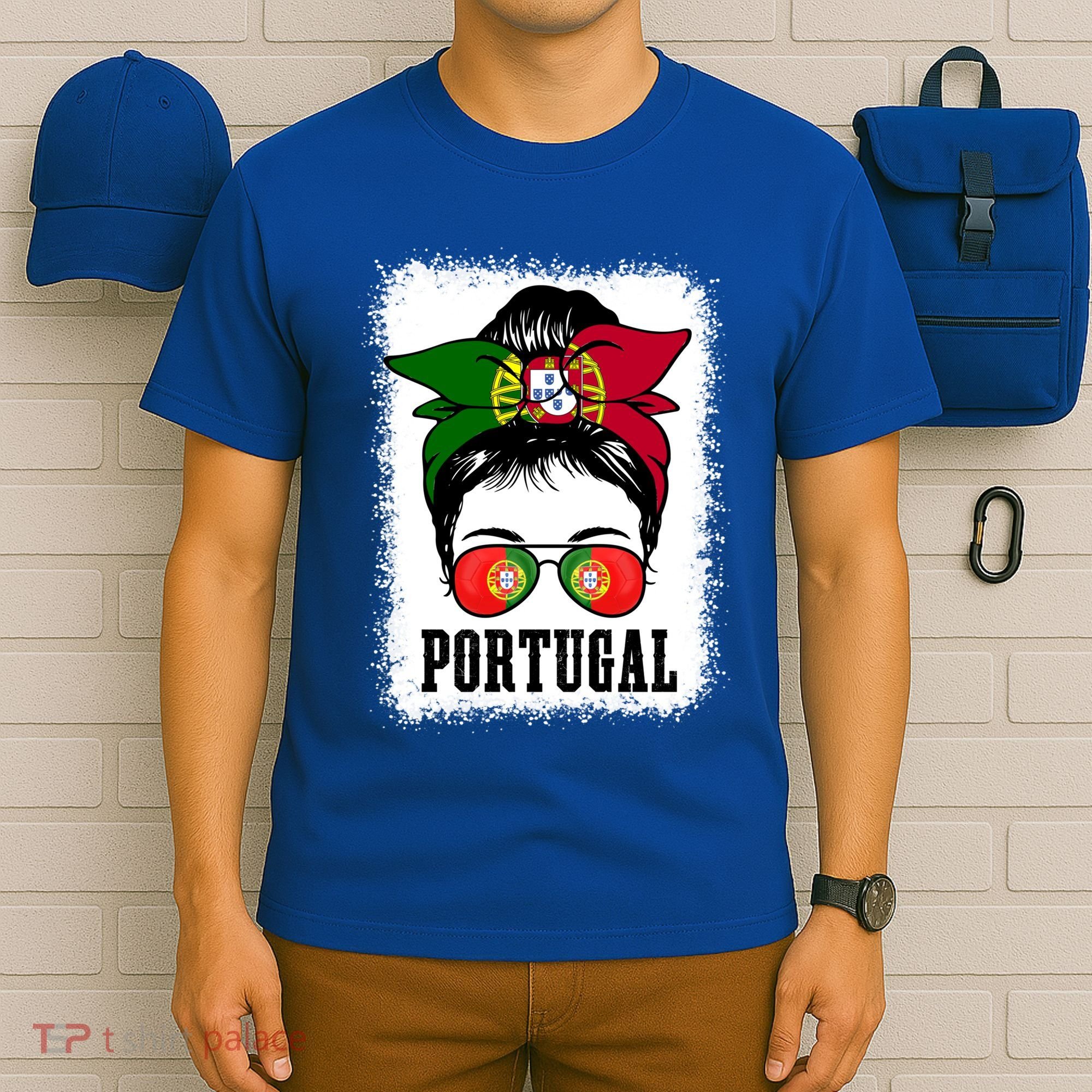 Portugal Soccer Ball Messy Bun Mom Portugese Flag Football Gift T-Shirt