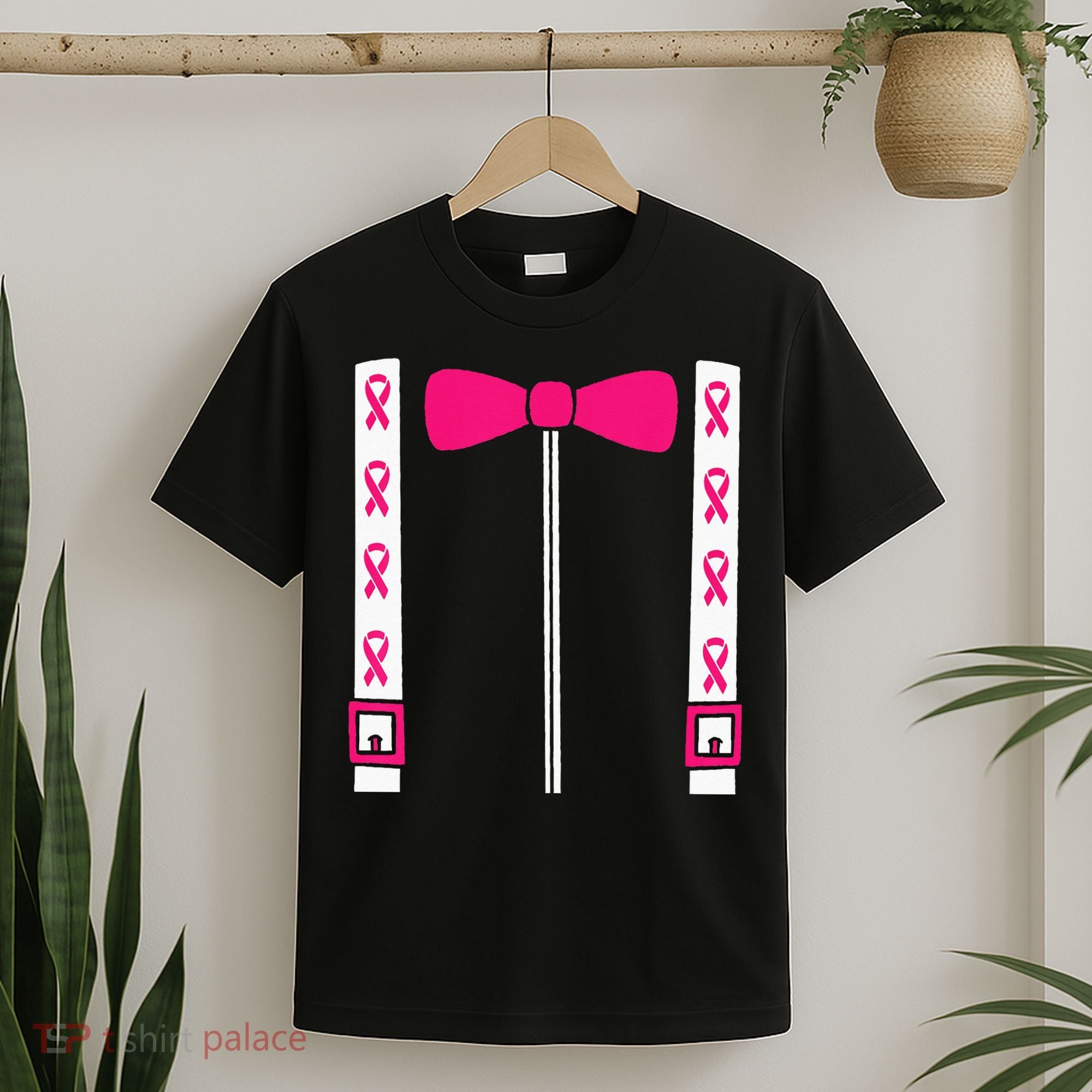 Pink Suspenders Bow Tie Costume Breast Cancer Awareness T-Shirt