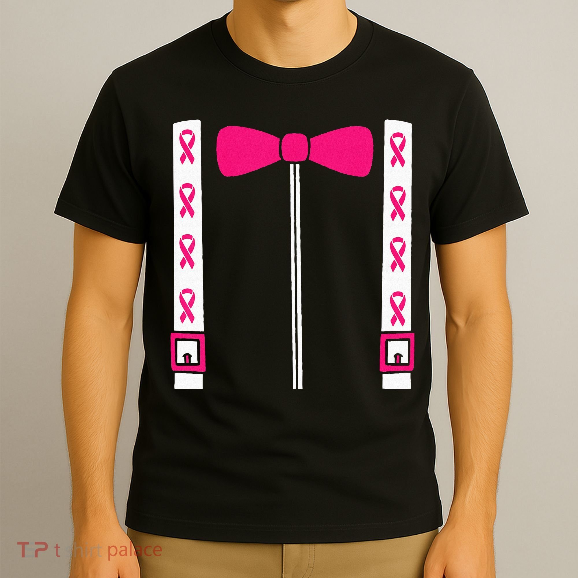 Pink Suspenders Bow Tie Costume Breast Cancer Awareness T-Shirt