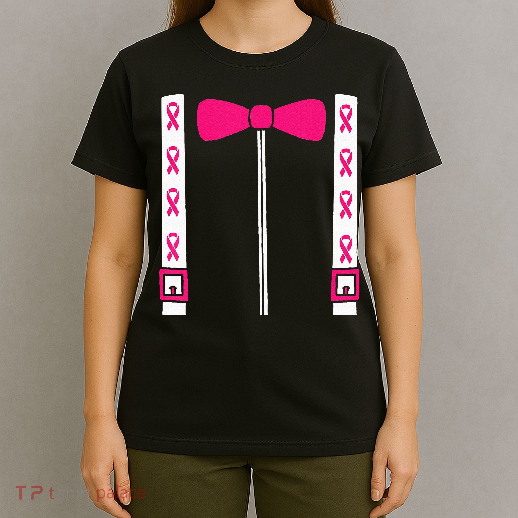 Pink Suspenders Bow Tie Costume Breast Cancer Awareness T-Shirt
