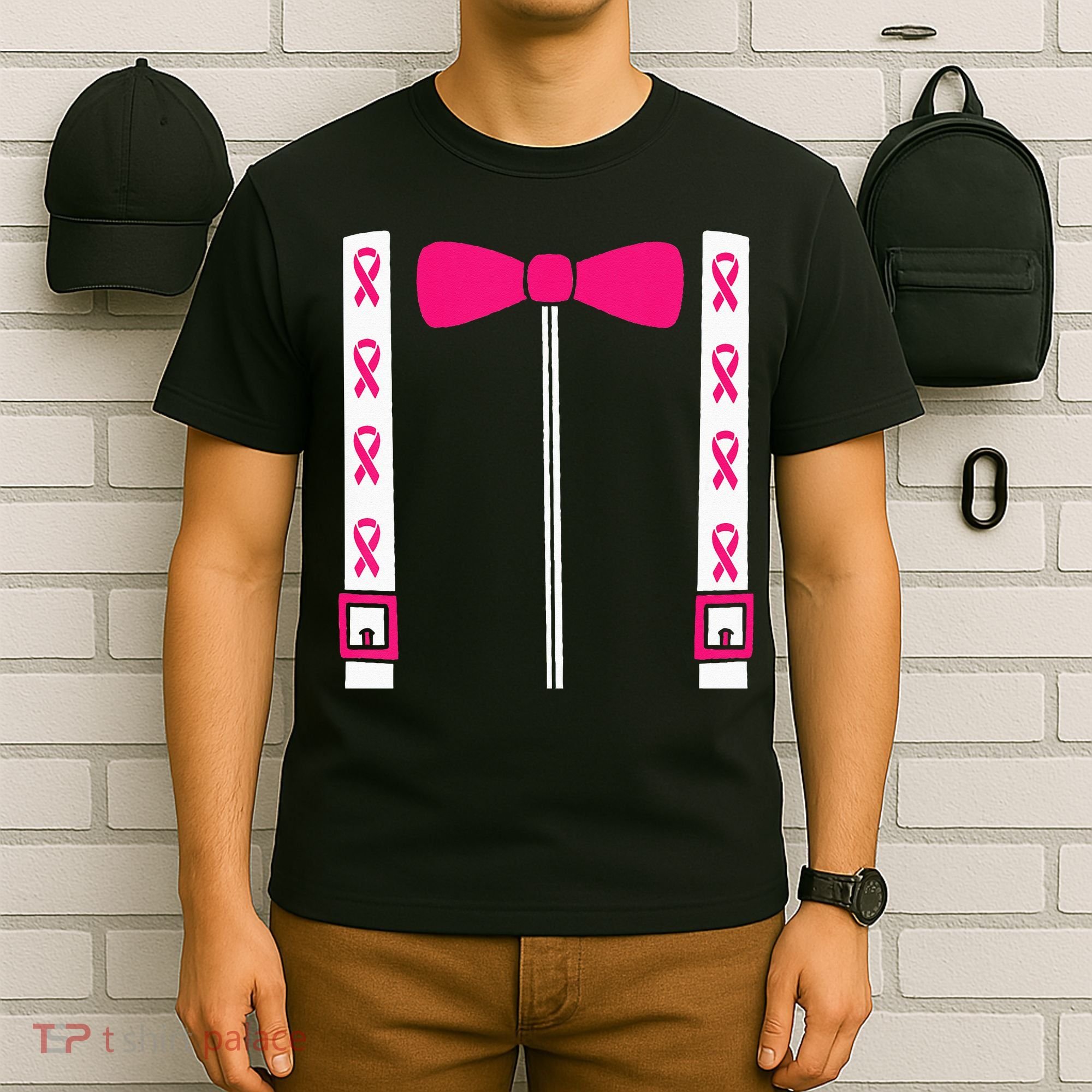 Pink Suspenders Bow Tie Costume Breast Cancer Awareness T-Shirt