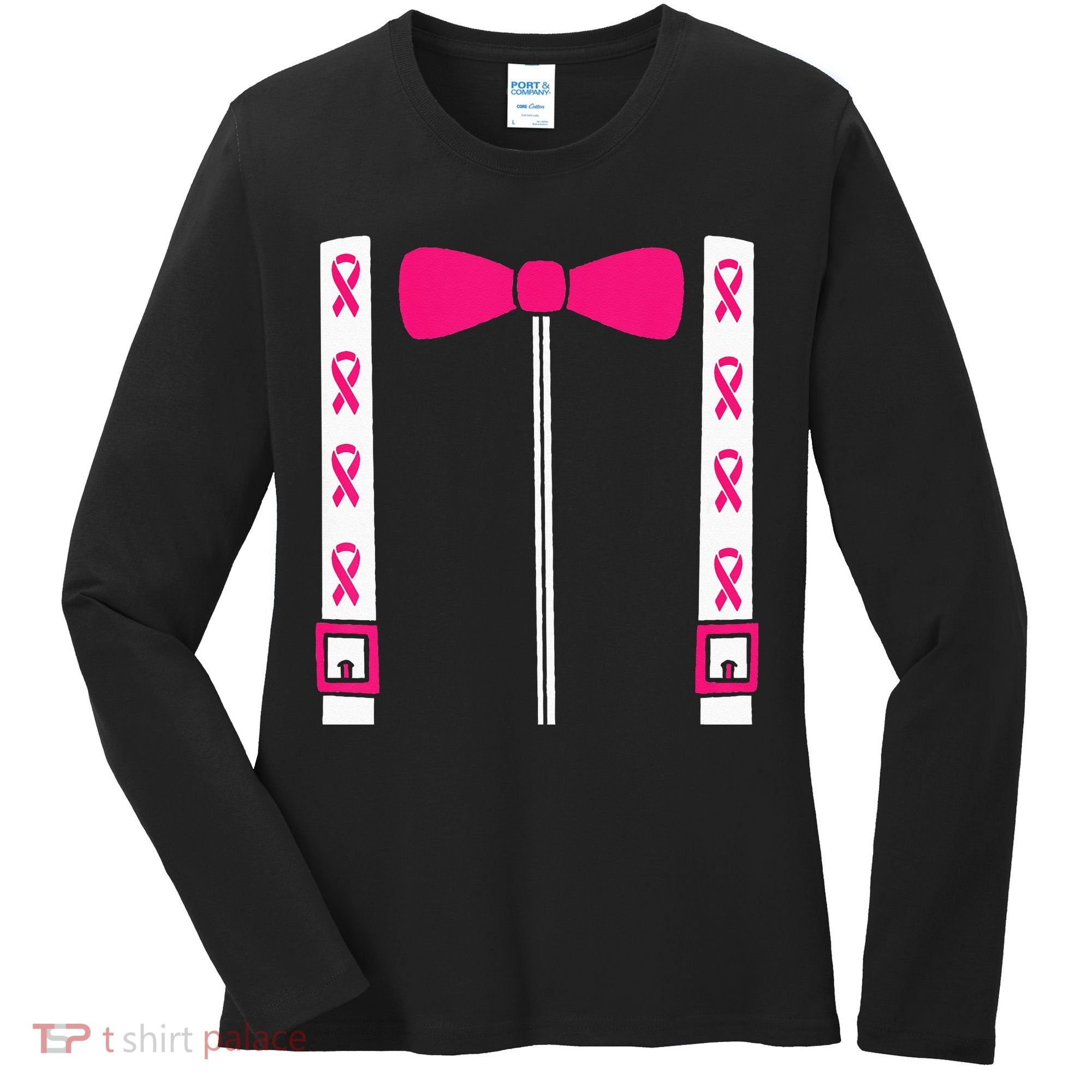 Pink Suspenders Bow Tie Costume Breast Cancer Awareness Women's Long Sleeve Shirt