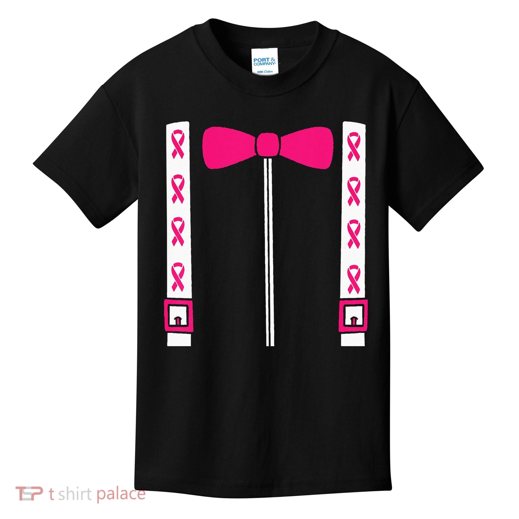 Pink Suspenders Bow Tie Costume Breast Cancer Awareness Kids T-Shirt