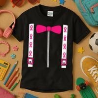Pink Suspenders Bow Tie Costume Breast Cancer Awareness Kids T-Shirt thumb 3