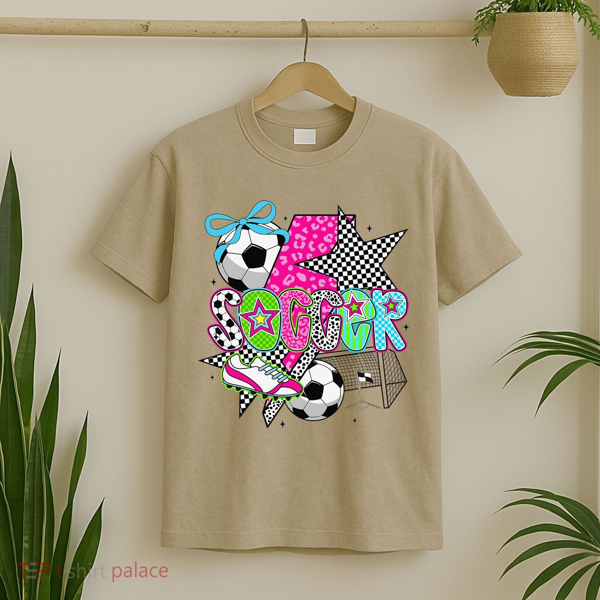 Preppy Soccer Coquette Checkered Star Mama T-Shirt