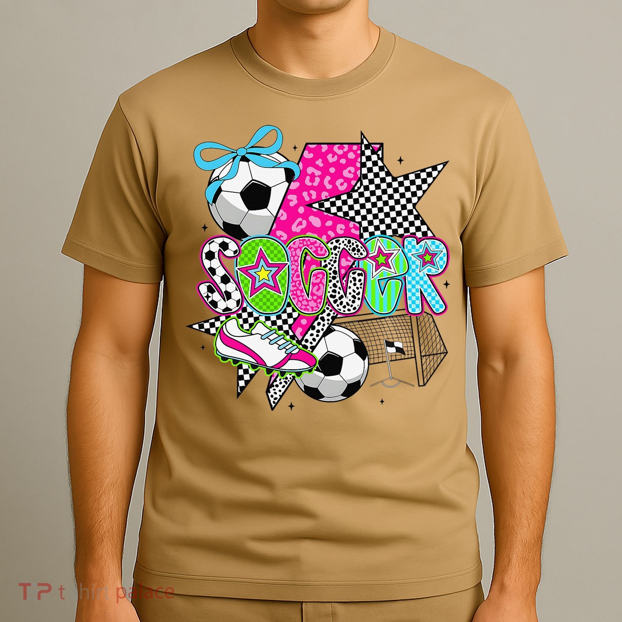 Preppy Soccer Coquette Checkered Star Mama T-Shirt