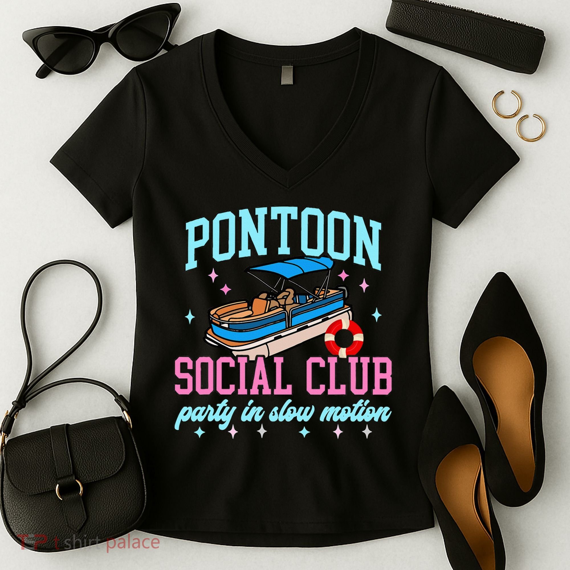 Pontoon Social Club Party In Slow Motion Pontoon Boat Women's V-Neck T-Shirt