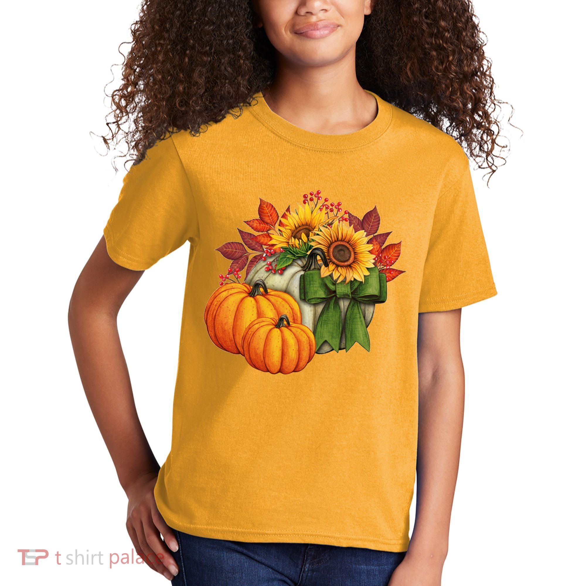 Pumpkin Sunflower Cute Floral Fall Autumn Season Kids T-Shirt