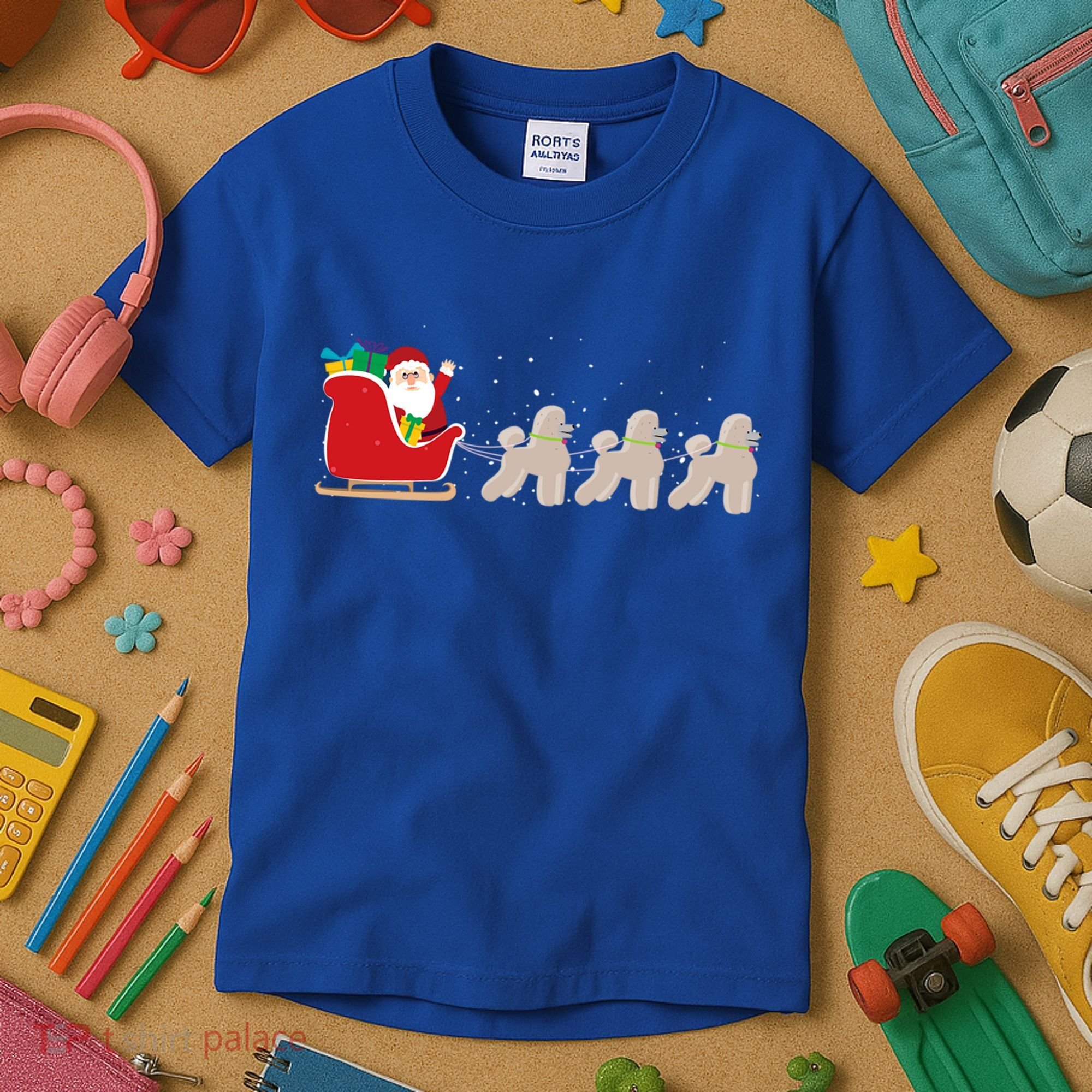 Poodle Santa Christmas Sleigh Funny Poodle Xmas Cool Gift Kids T-Shirt