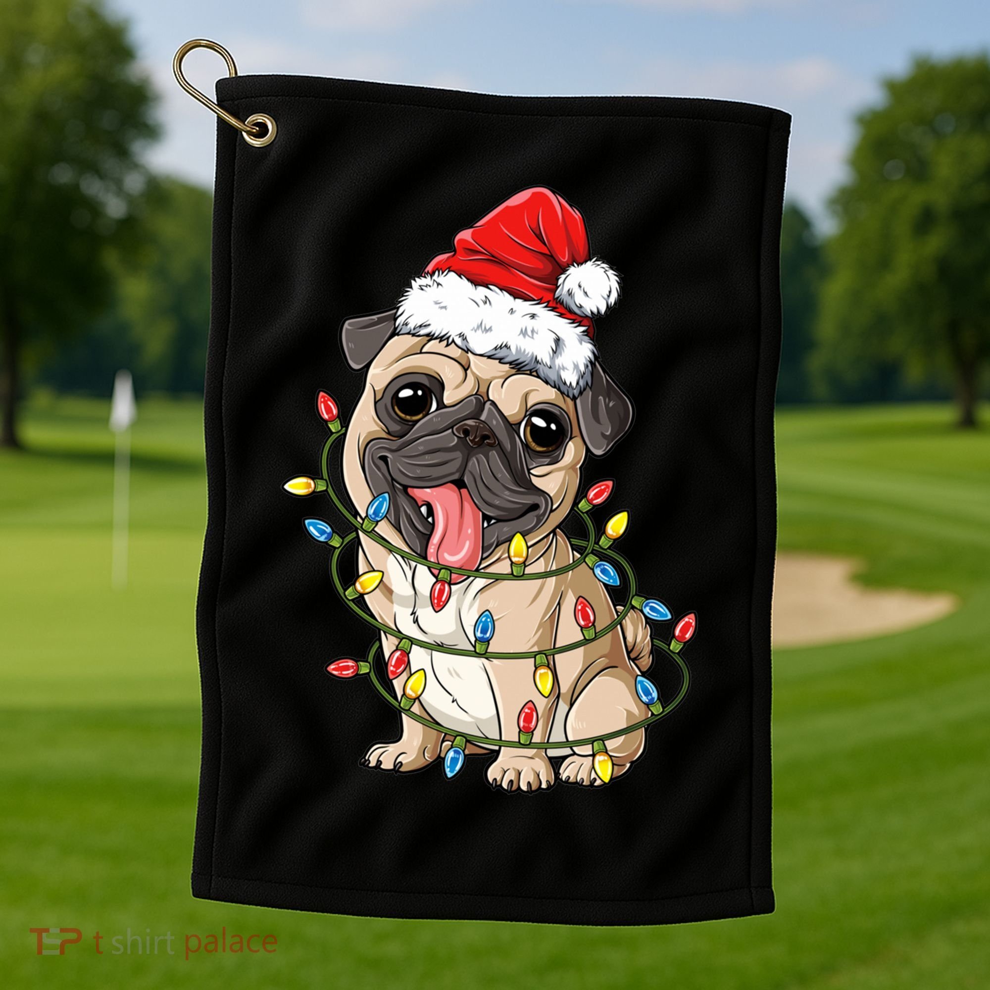 Pug Santa Christmas Tree Lights Xmas Boys Pugmas Dog Dogmas Cool Gift Golf Towel