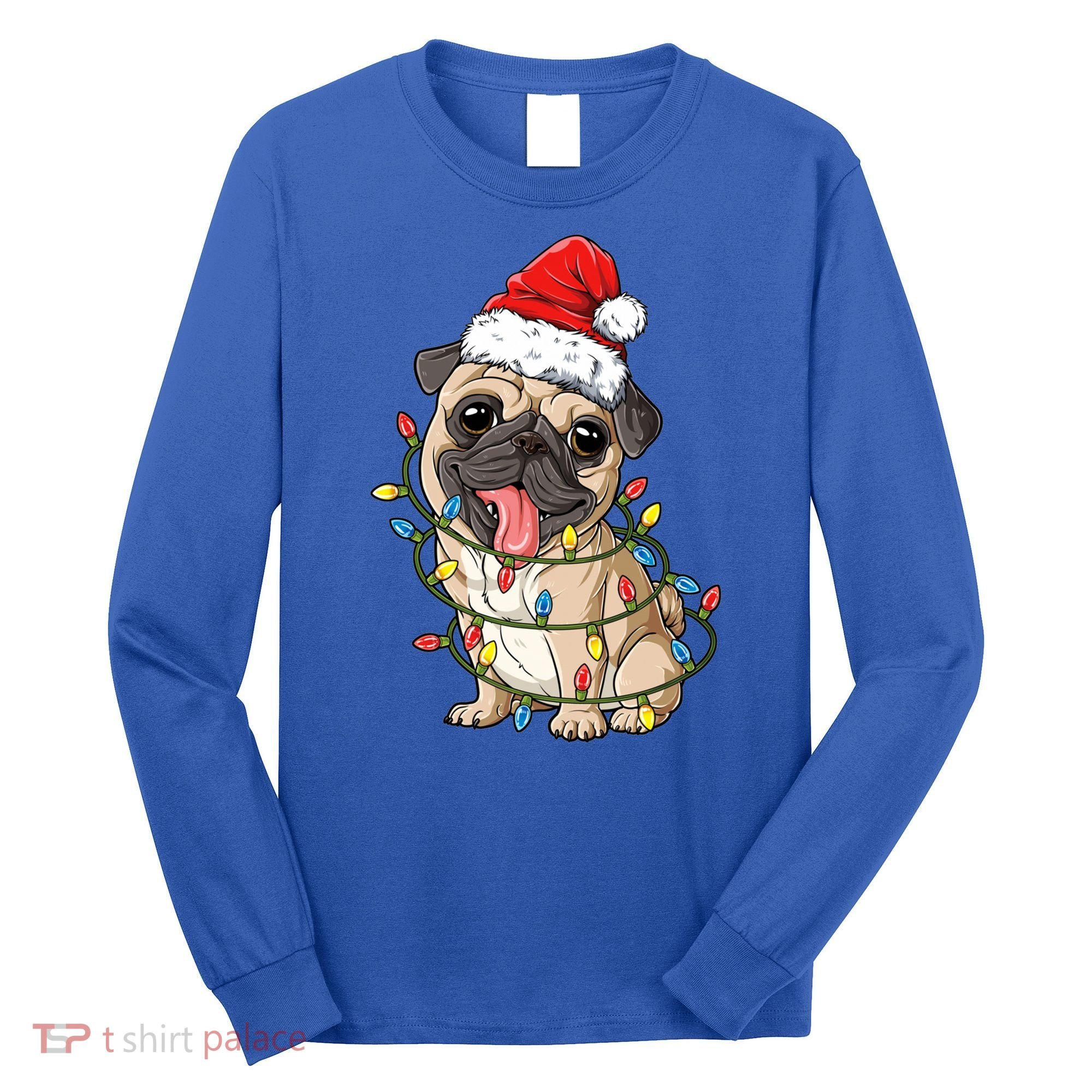 Pug Santa Christmas Tree Lights Xmas Boys Pugmas Dog Dogmas Cool Gift Long Sleeve Shirt