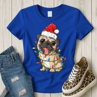 Pug Santa Christmas Tree Lights Xmas Boys Pugmas Dog Dogmas Cool Gift Women's T-Shirt thumb 3