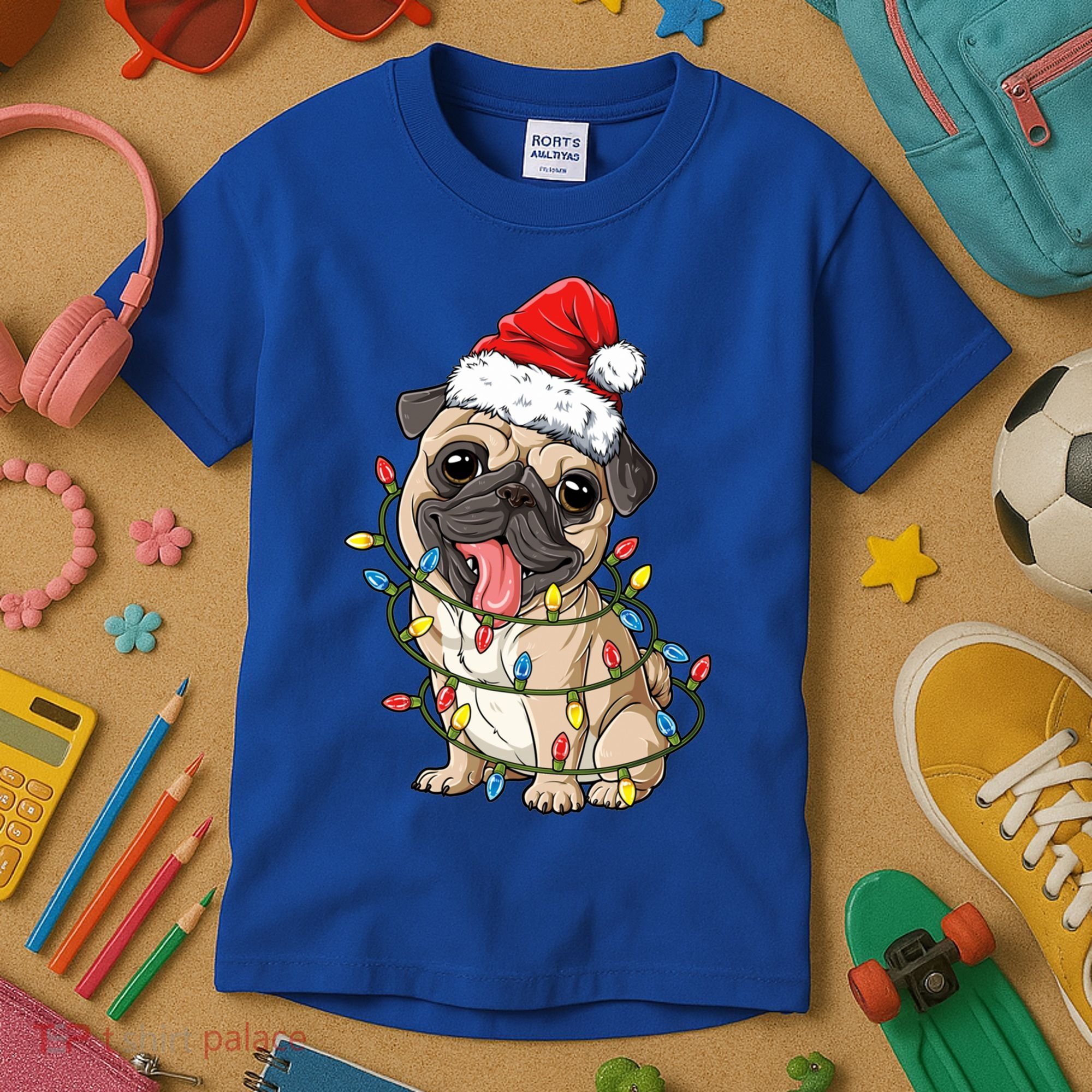 Pug Santa Christmas Tree Lights Xmas Boys Pugmas Dog Dogmas Cool Gift Kids T-Shirt