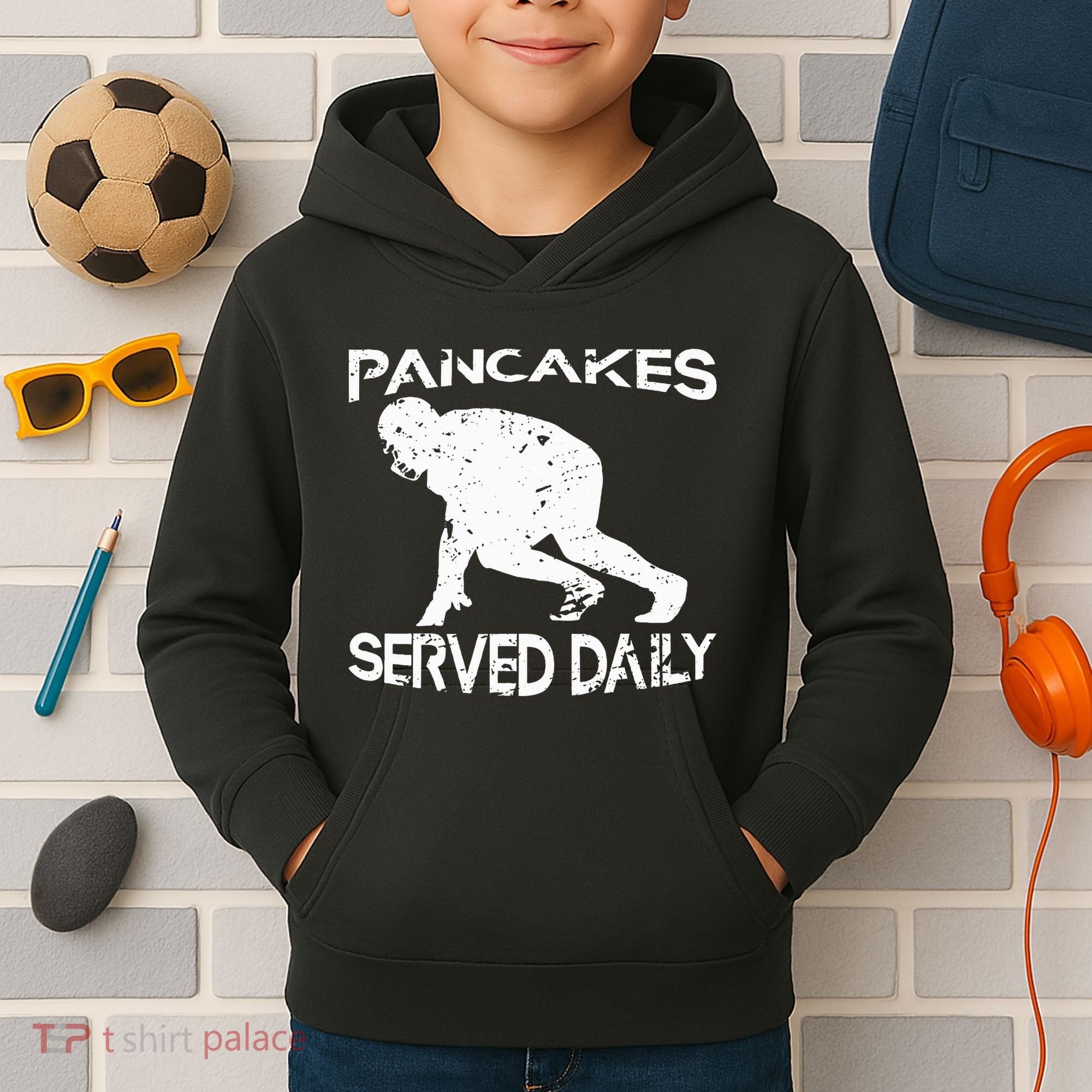 Pancakes Served Daily Funny Offensive Lineman Football Kids Hoodie