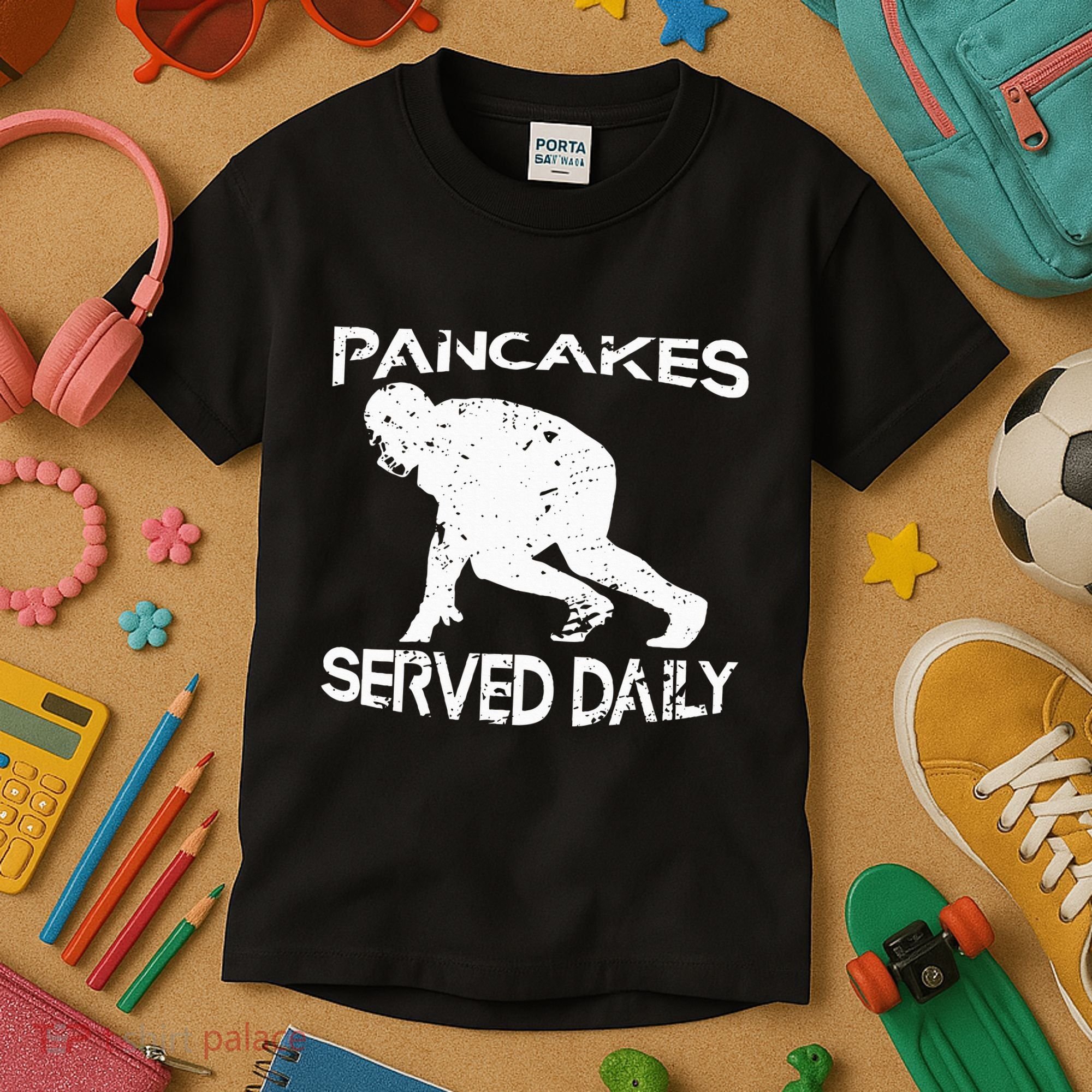 Pancakes Served Daily Funny Offensive Lineman Football Kids T-Shirt