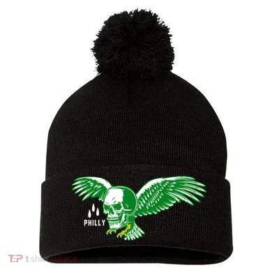 Philly Skull Eagle Pom Pom 12in Knit Beanie