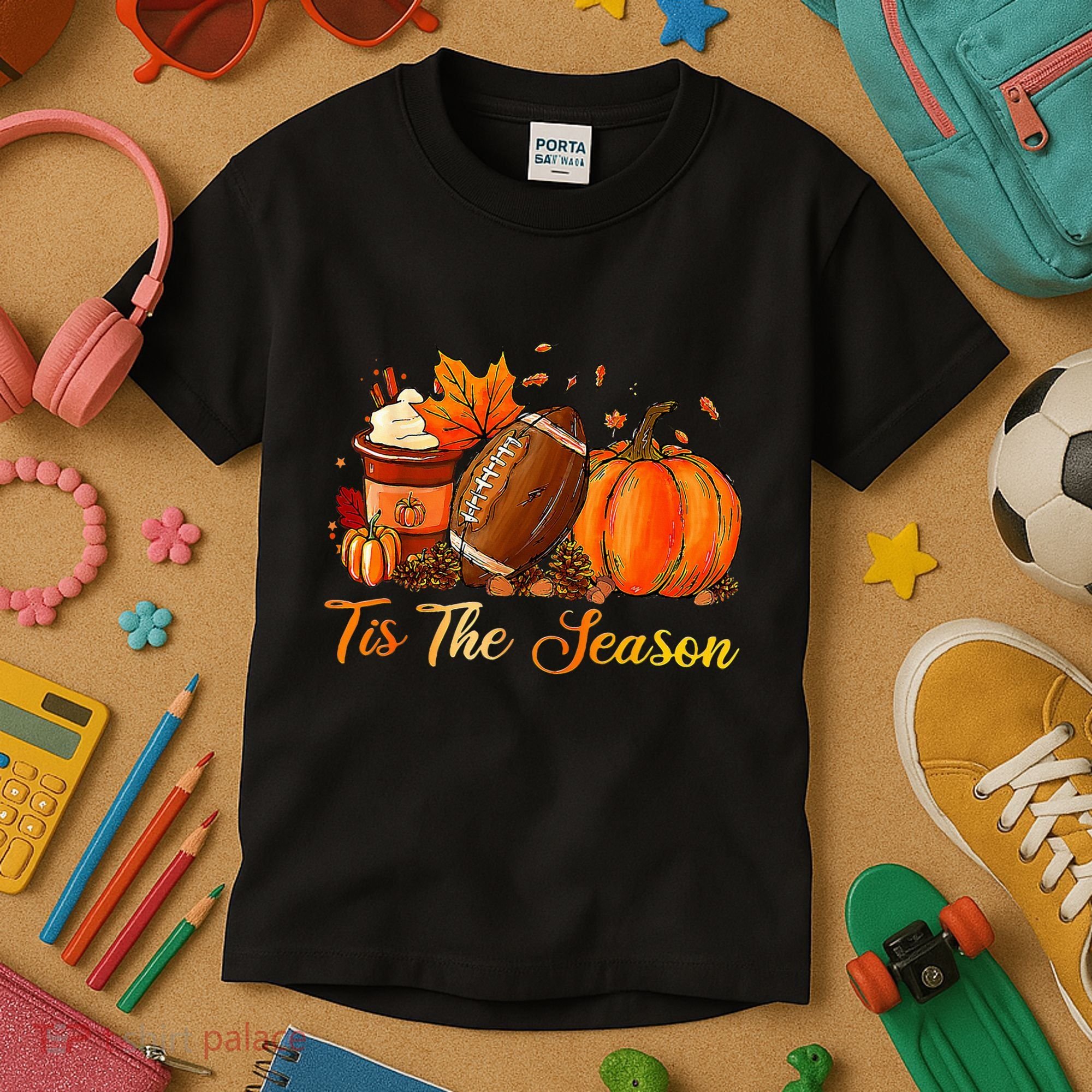 Pumpkin Spice Football Tis The Season Fall Thanksgiving Kids T-Shirt