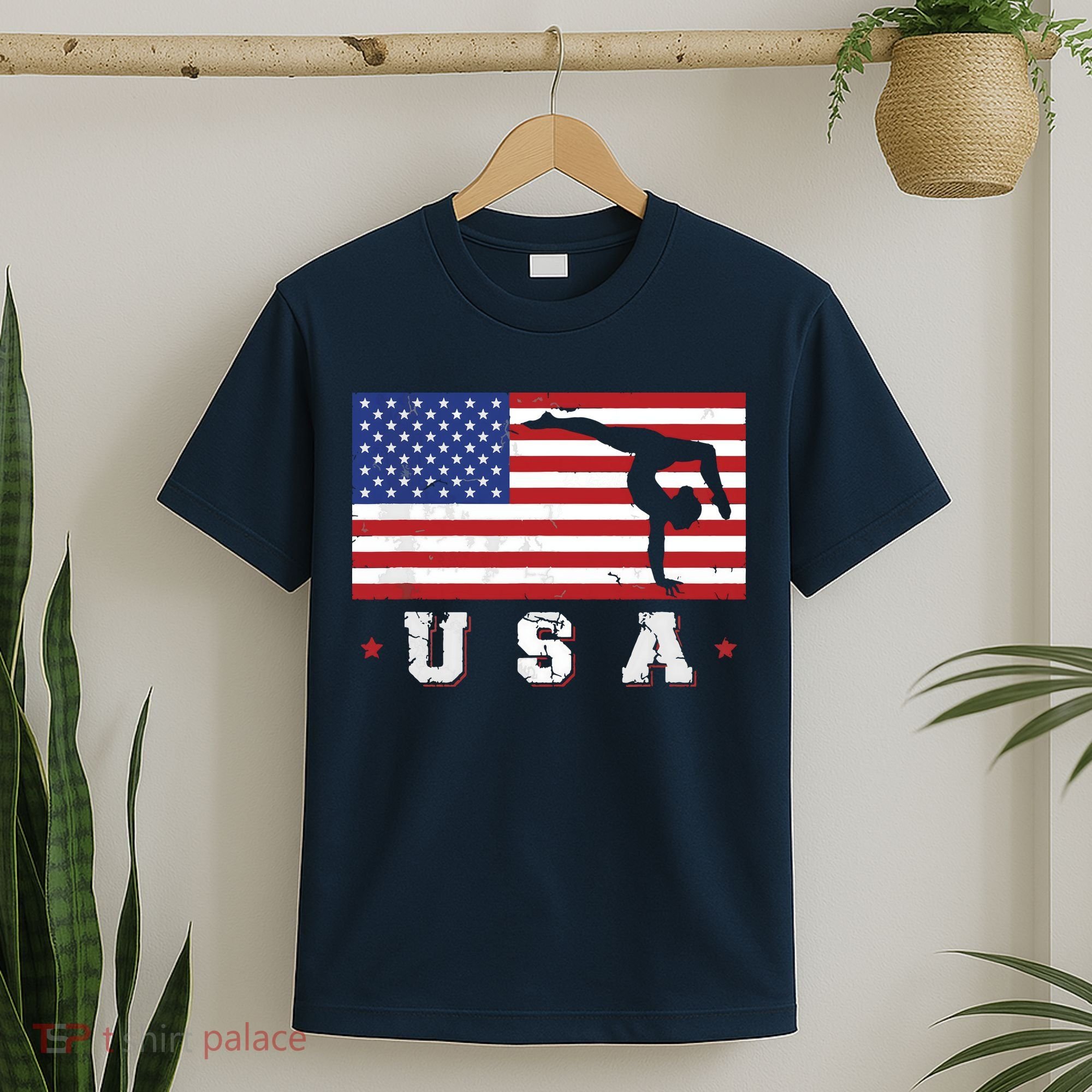 Patriotic Sports Gift American USA Flag Girl Gymnastics T-Shirt