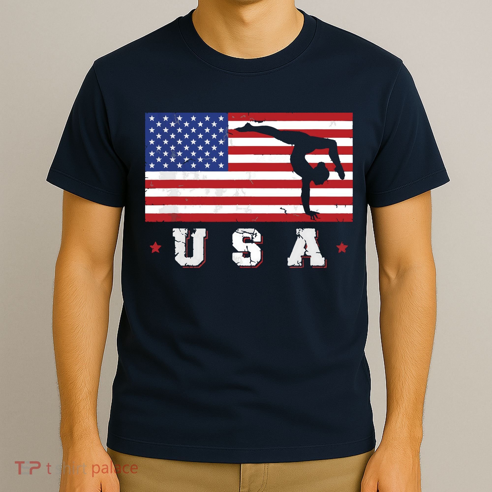 Patriotic Sports Gift American USA Flag Girl Gymnastics T-Shirt