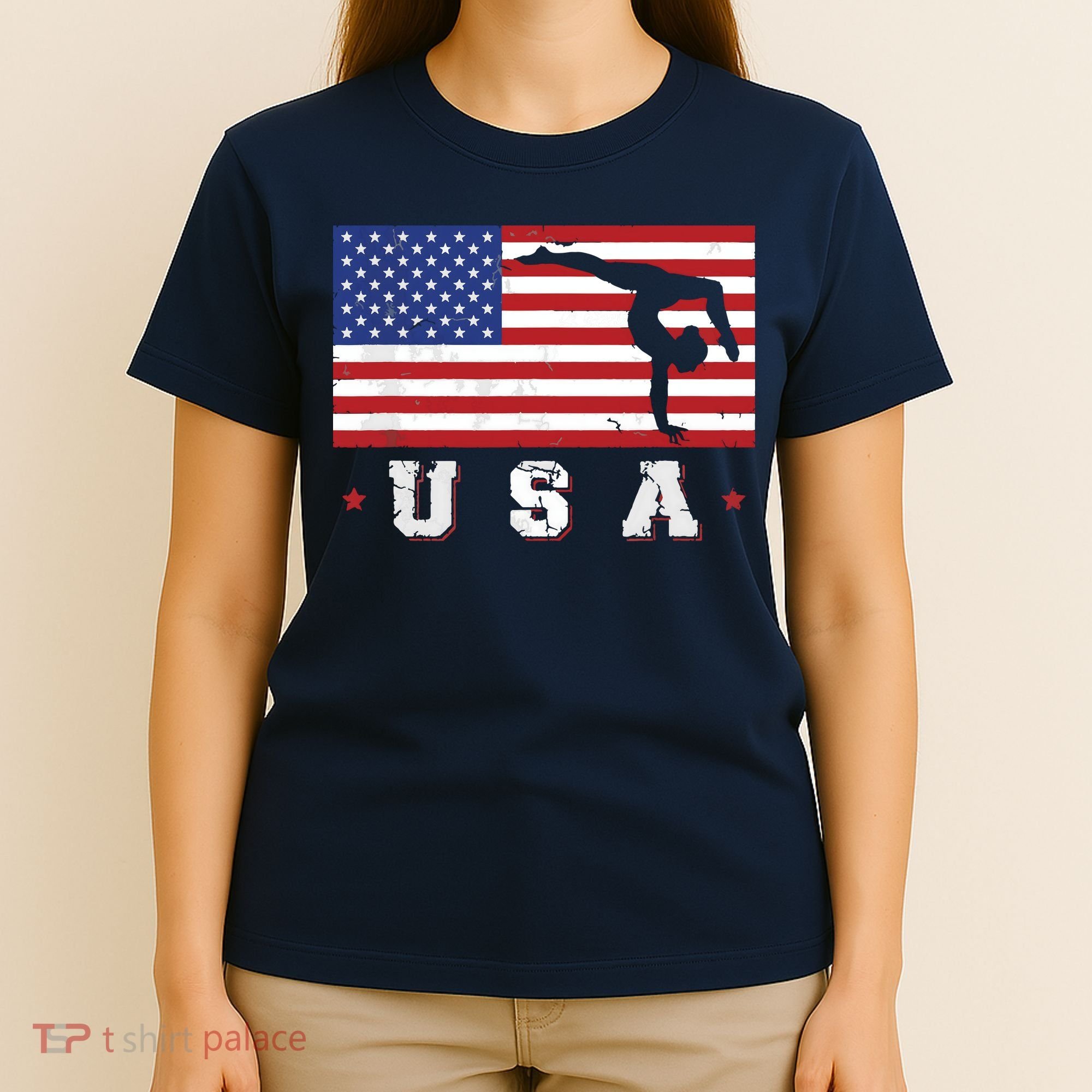 Patriotic Sports Gift American USA Flag Girl Gymnastics T-Shirt