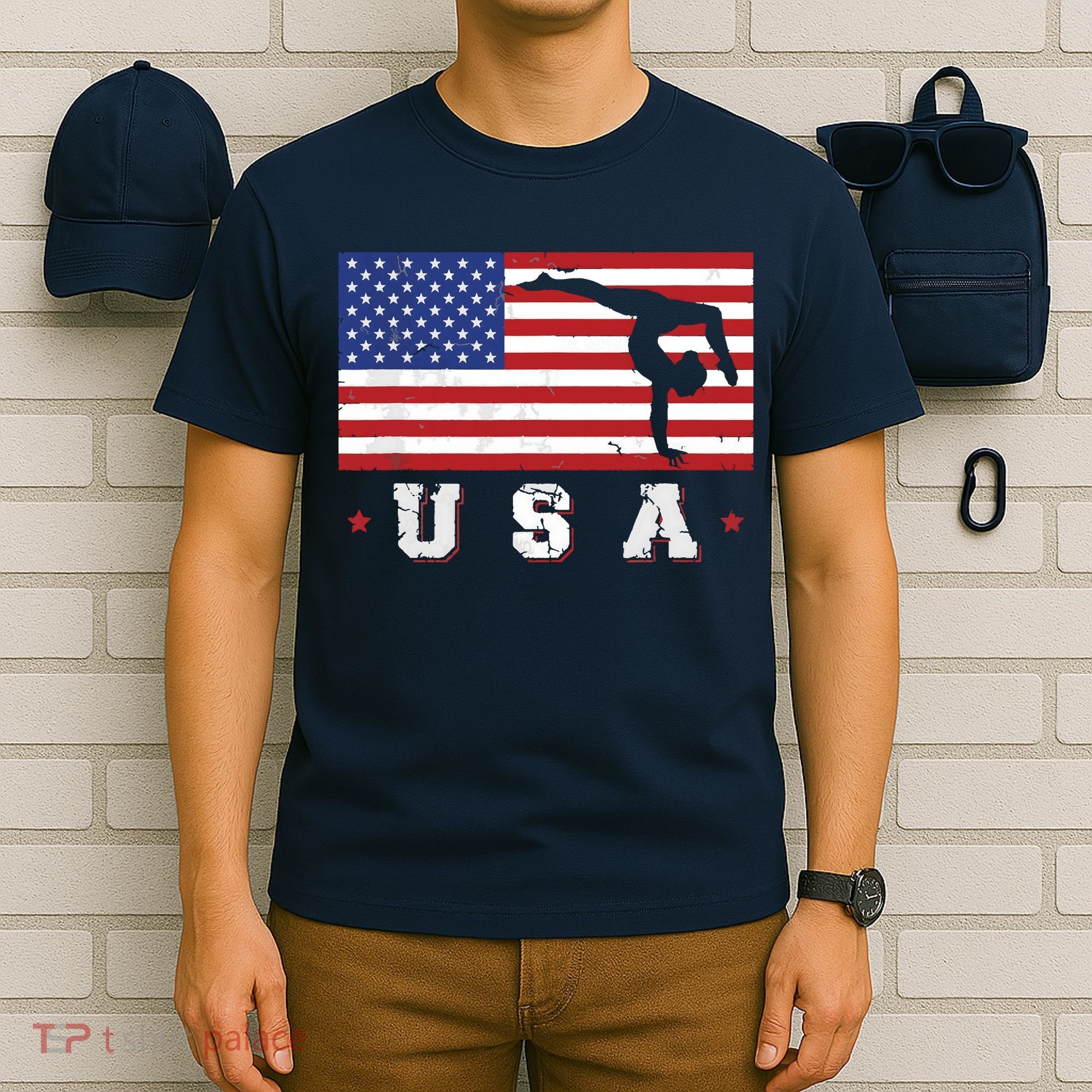 Patriotic Sports Gift American USA Flag Girl Gymnastics T-Shirt
