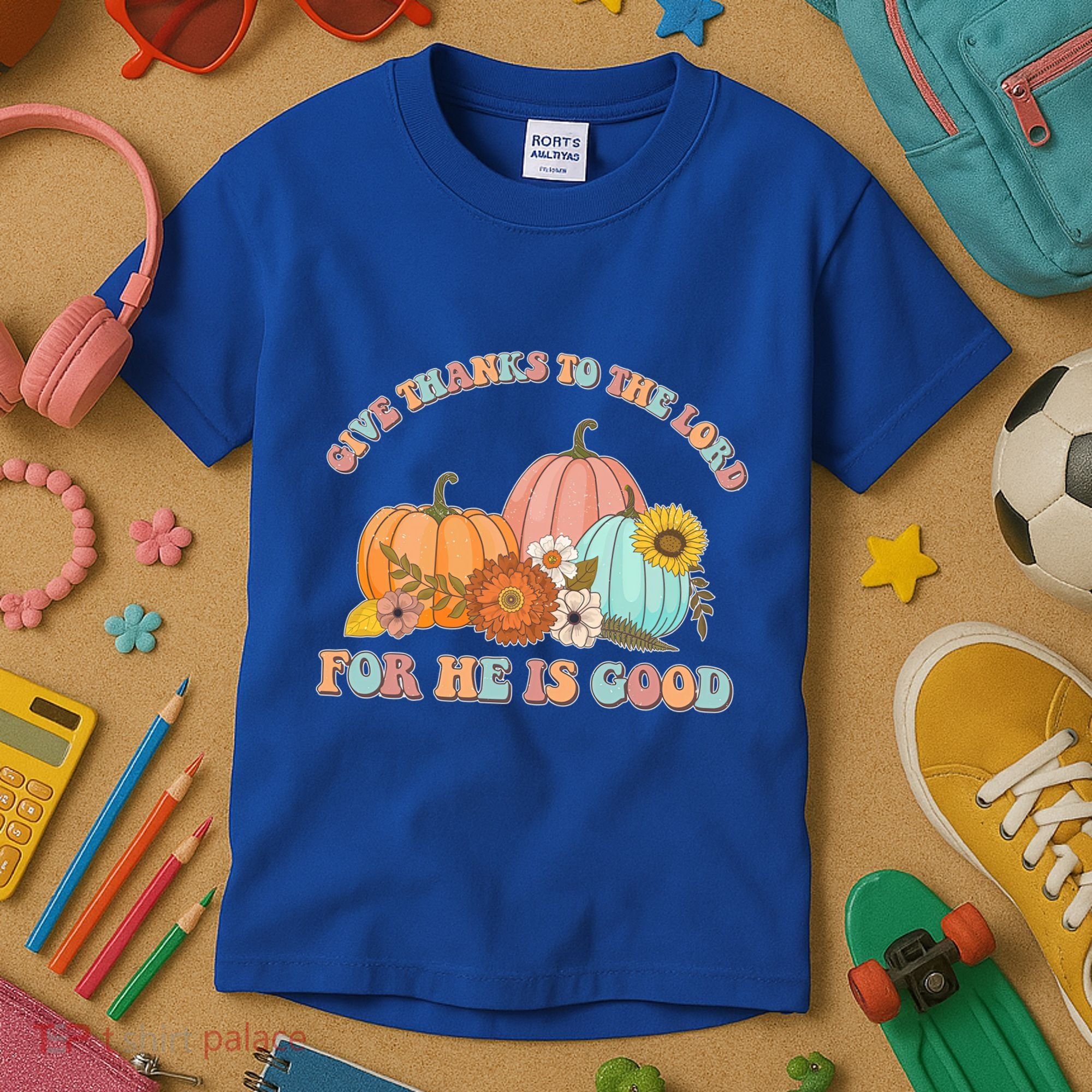 Pumpkin Stack Give Thanks To The Lord For He Is Good Autumn Funny Gift Kids T-Shirt