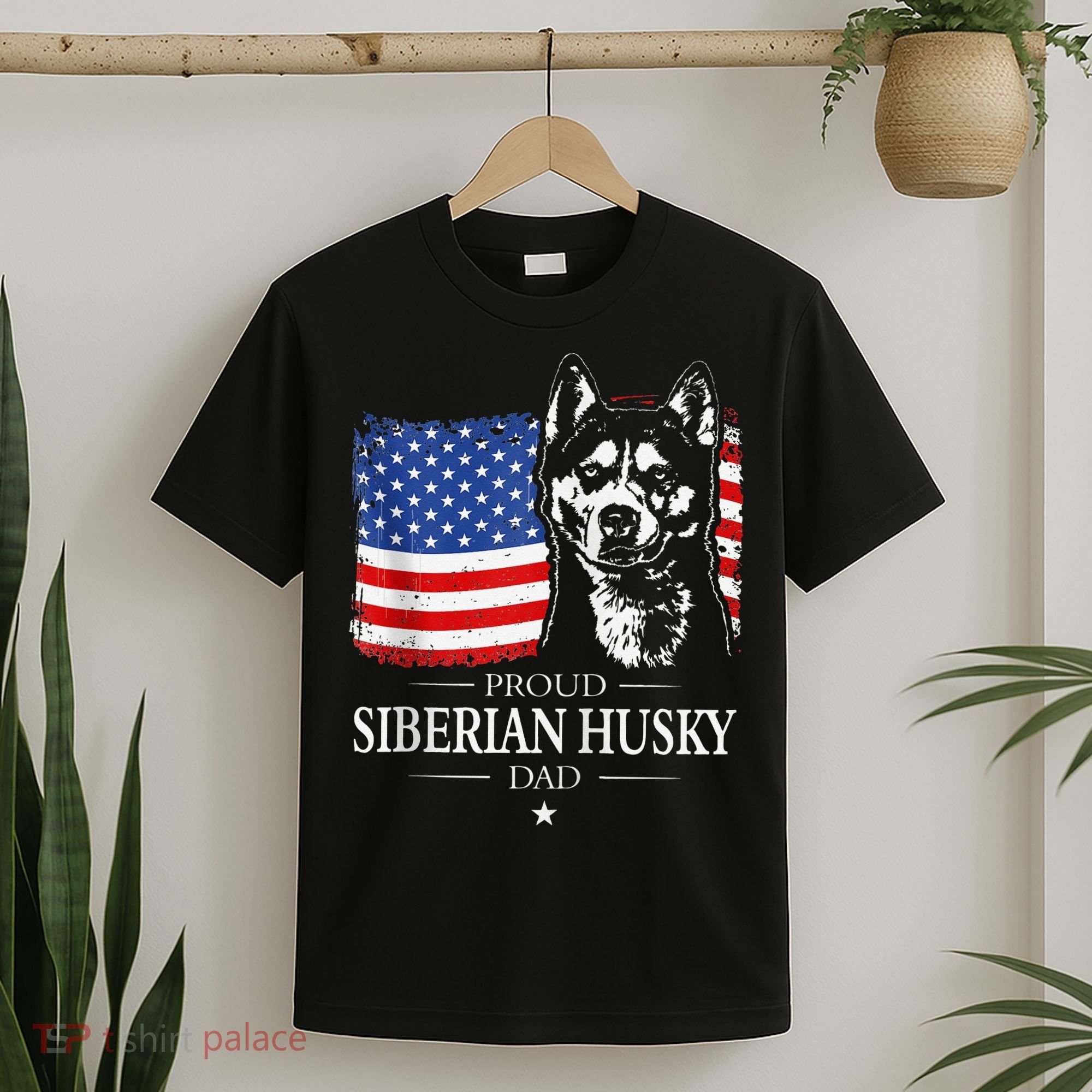 Proud Siberian Husky Dad American Flag patriotic dog Zip Hoodie T-Shirt