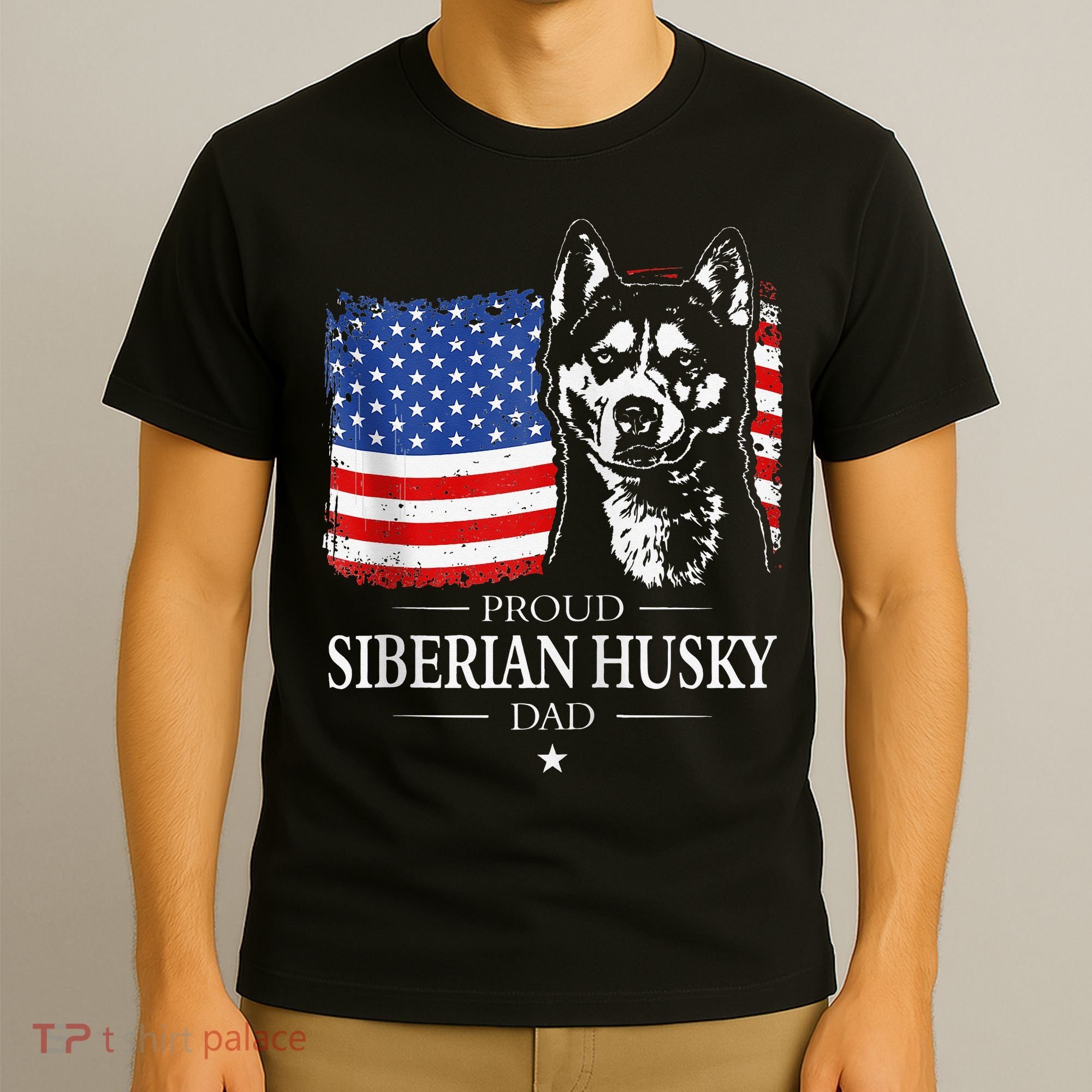 Proud Siberian Husky Dad American Flag patriotic dog Zip Hoodie T-Shirt