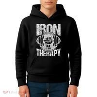Powerlifting Strongman Iron Is My Therapy Kids Hoodie thumb 4