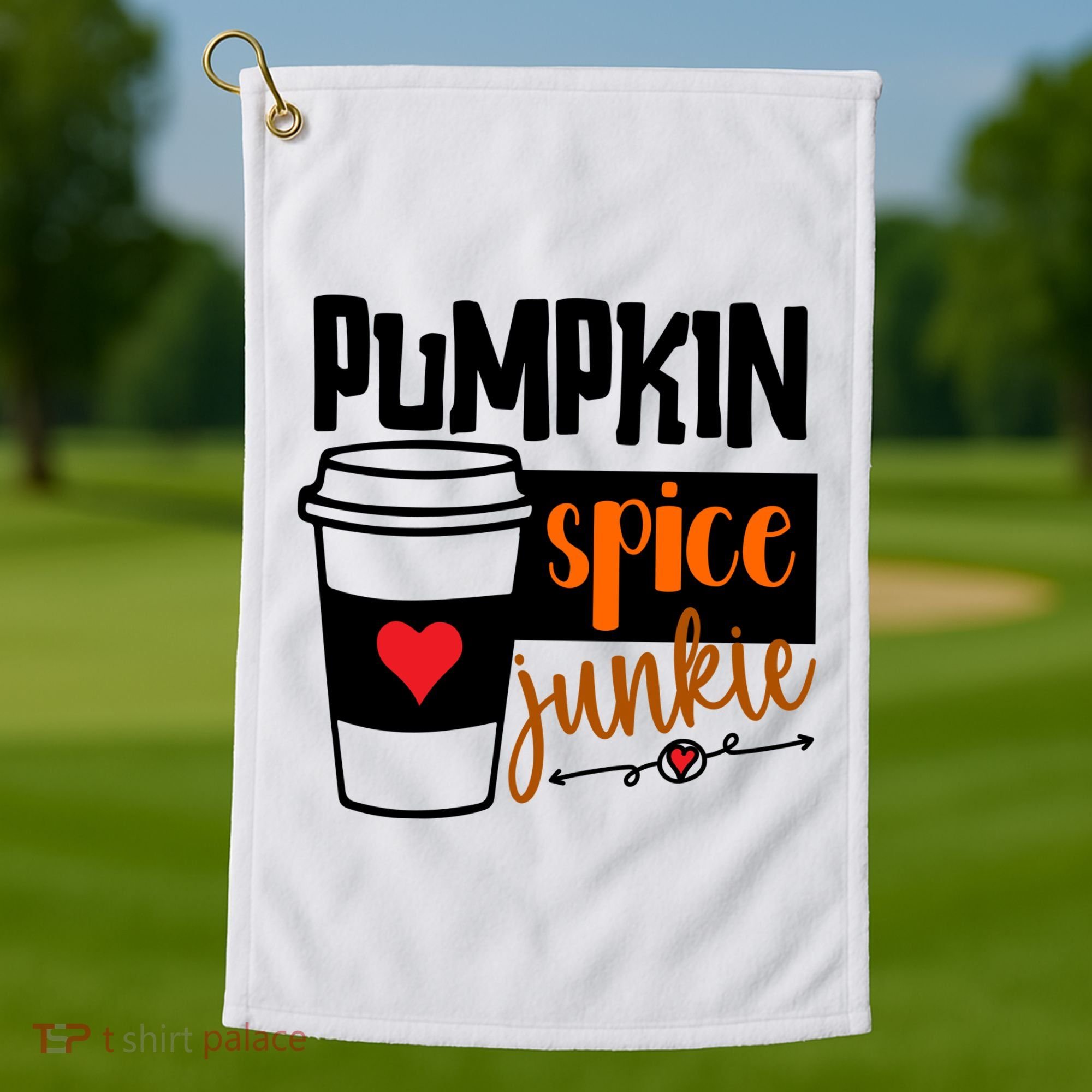 Pumpkin Spice Junkie Coffee Lover Heart Golf Towel
