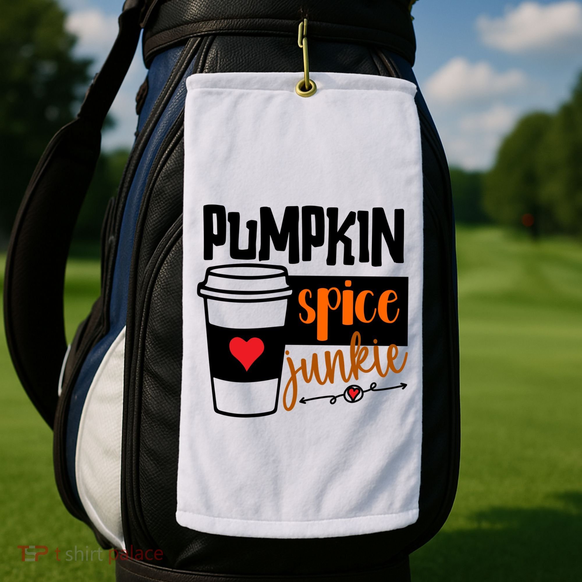 Pumpkin Spice Junkie Coffee Lover Heart Golf Towel