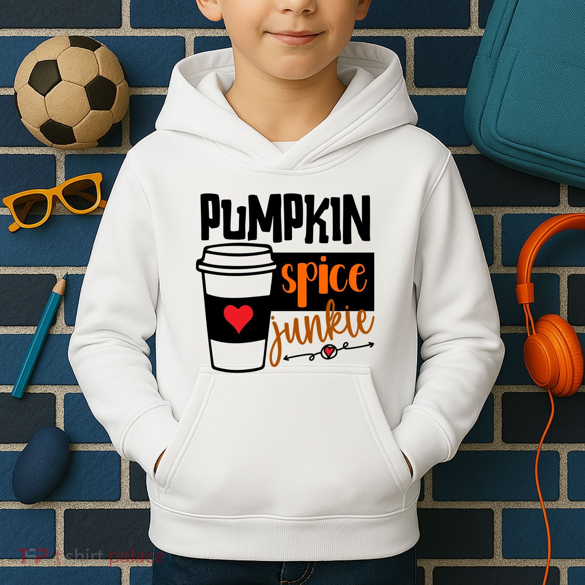 Pumpkin Spice Junkie Coffee Lover Heart Kids Hoodie