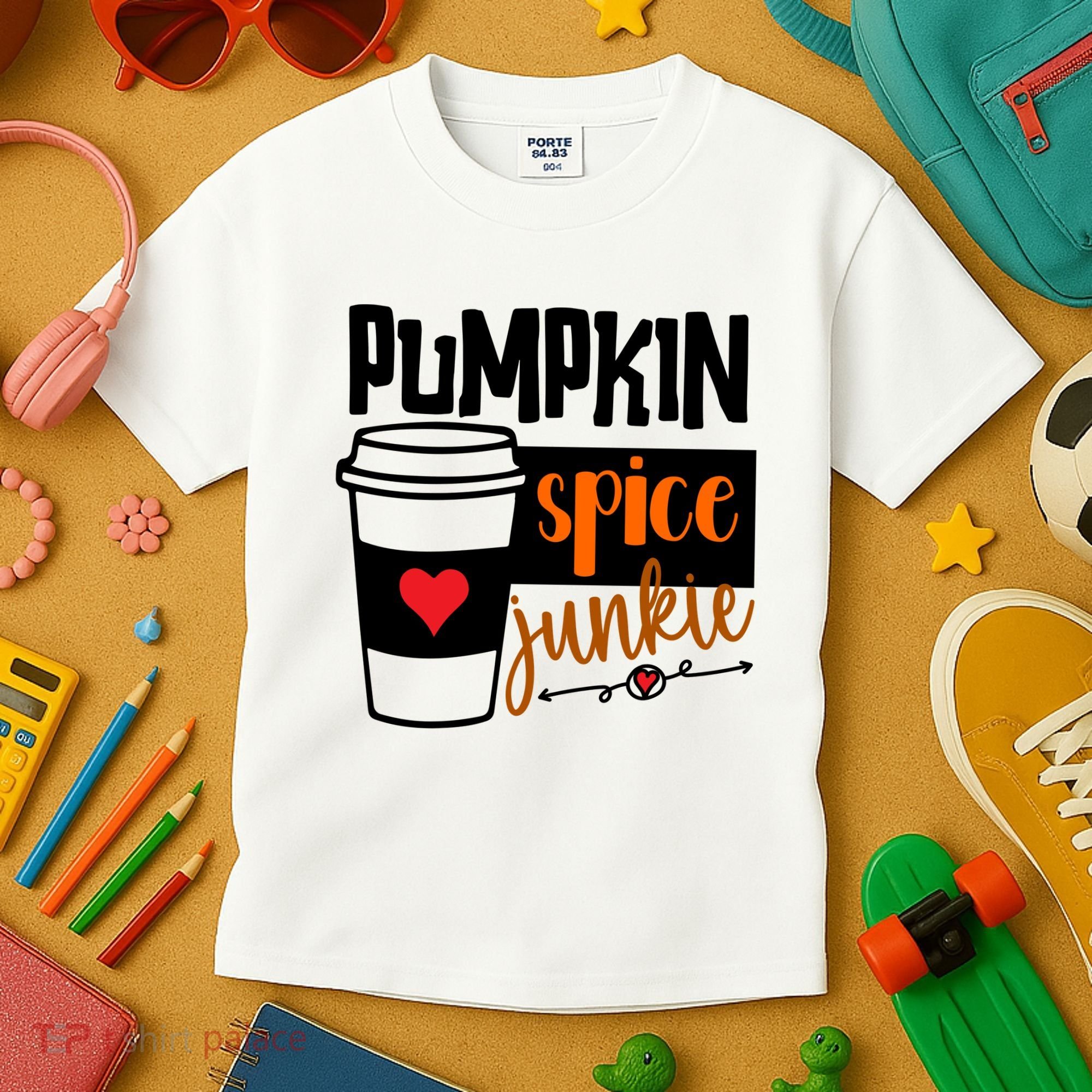Pumpkin Spice Junkie Coffee Lover Heart Kids T-Shirt