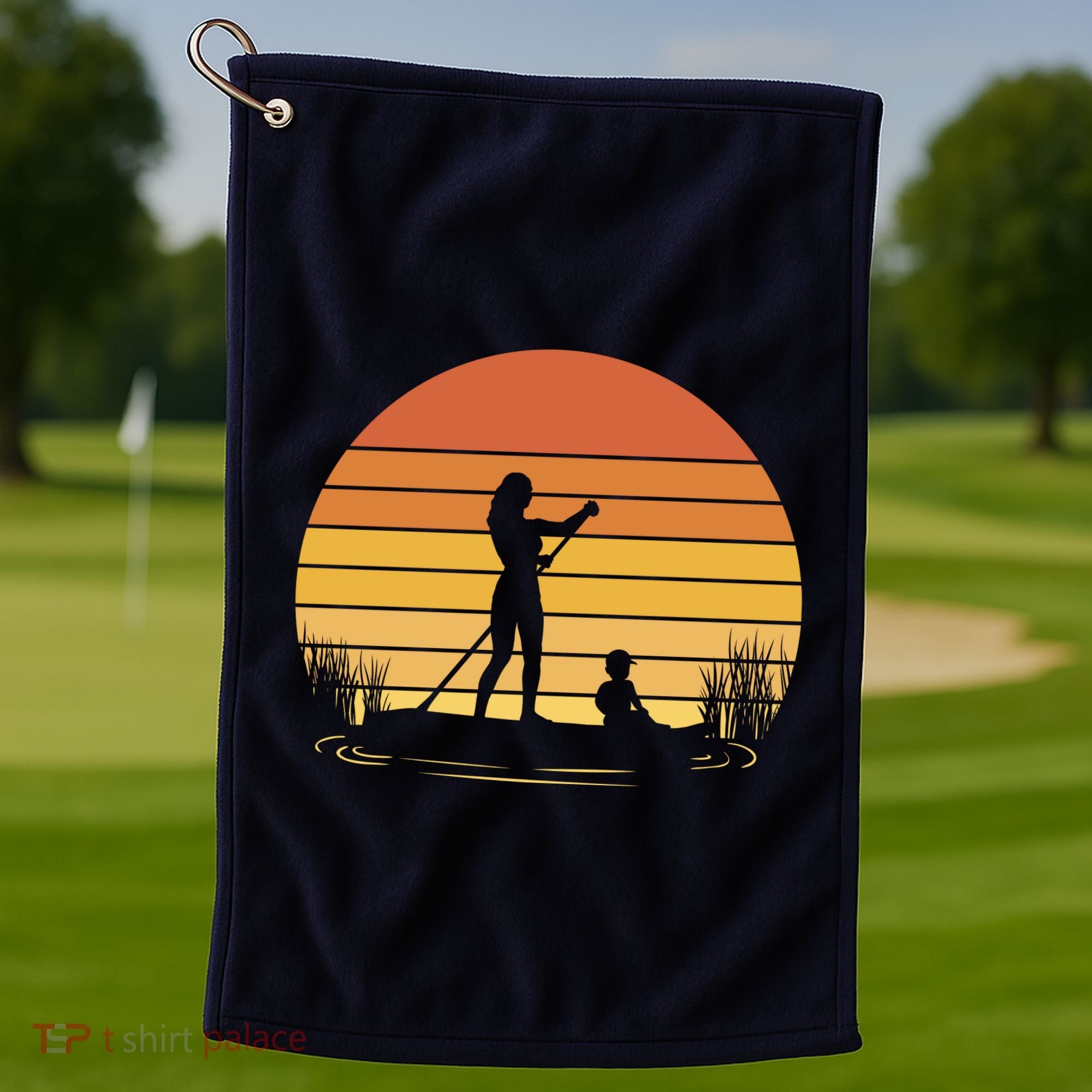 Paddle Surf Mother And Child Sunset Golf Towel