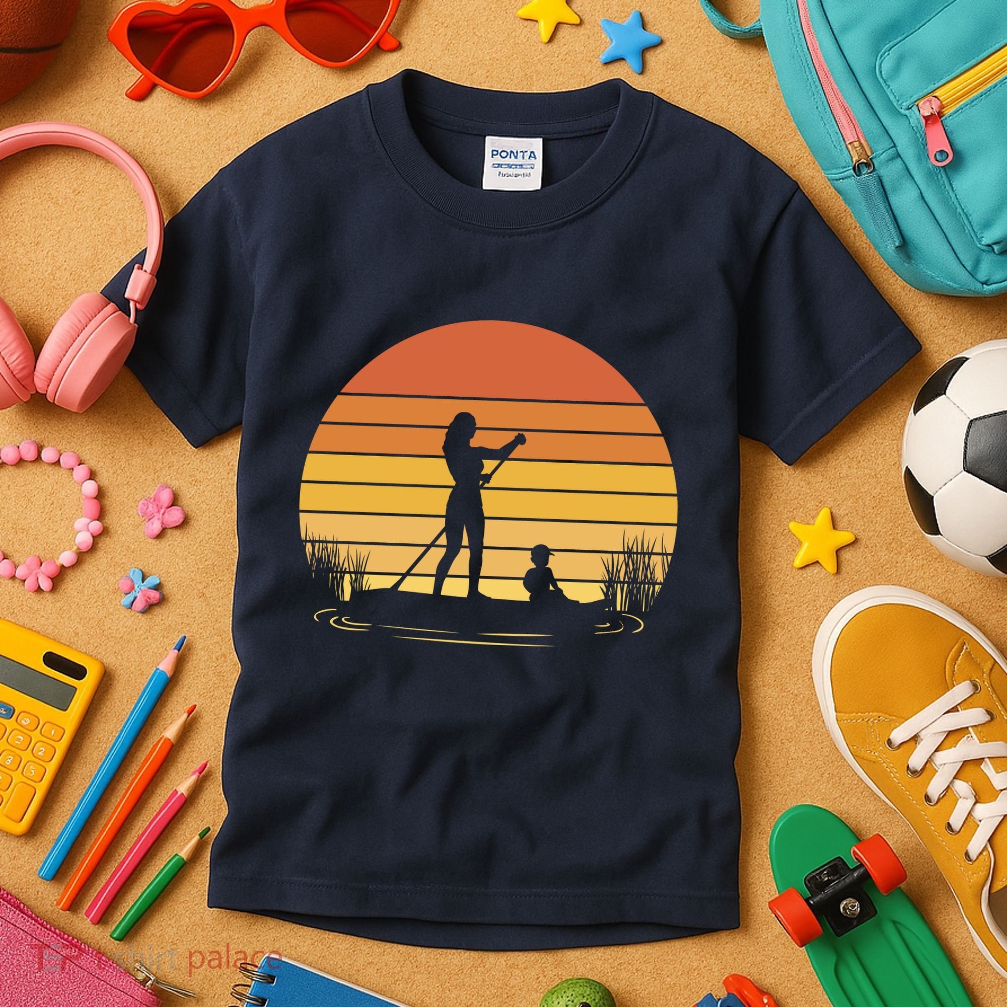 Paddle Surf Mother And Child Sunset Kids T-Shirt