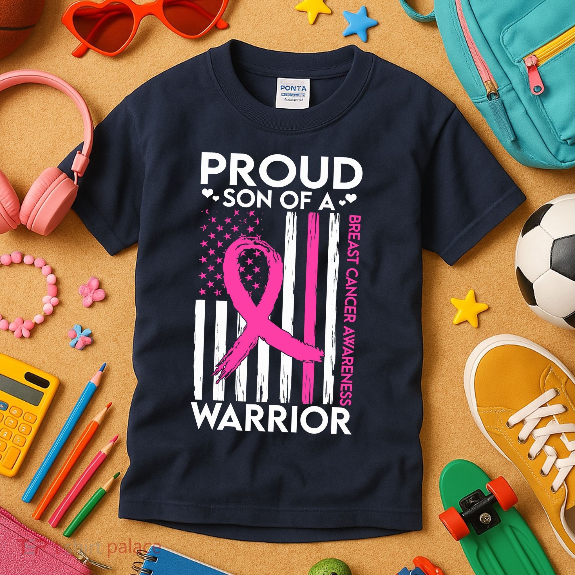 Proud Son Of A Breast Cancer Warrior Awareness Kids T-Shirt