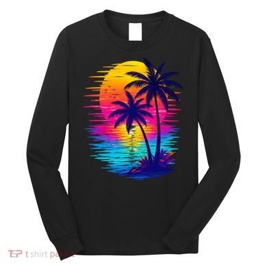 Palm Sunset Ocean Summer Beach Hawaiian Long Sleeve Shirt